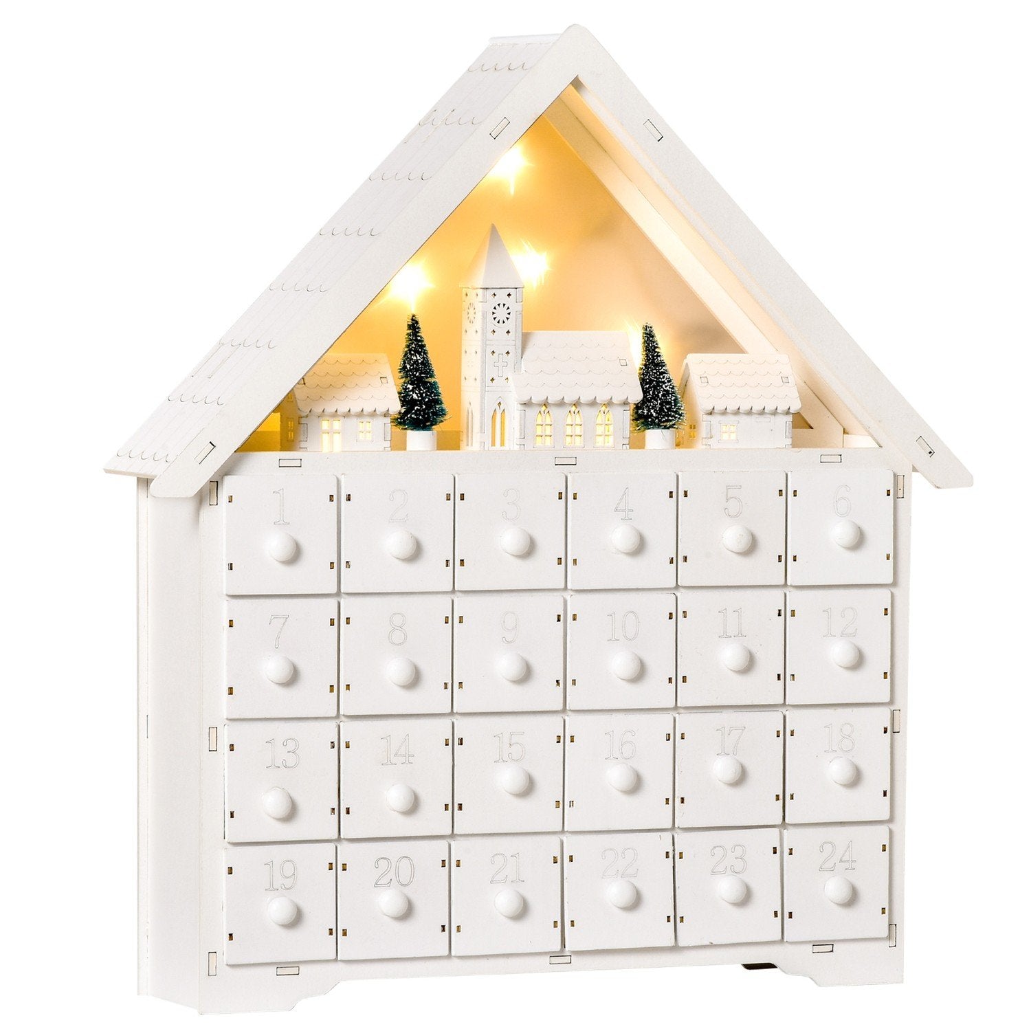 Adventskalender För Att Fylla 24 Lådfack Julkalender Med Led-Ljus 2-I-1 Design Juldekoration Vit 39 X 9 X 42 Cm