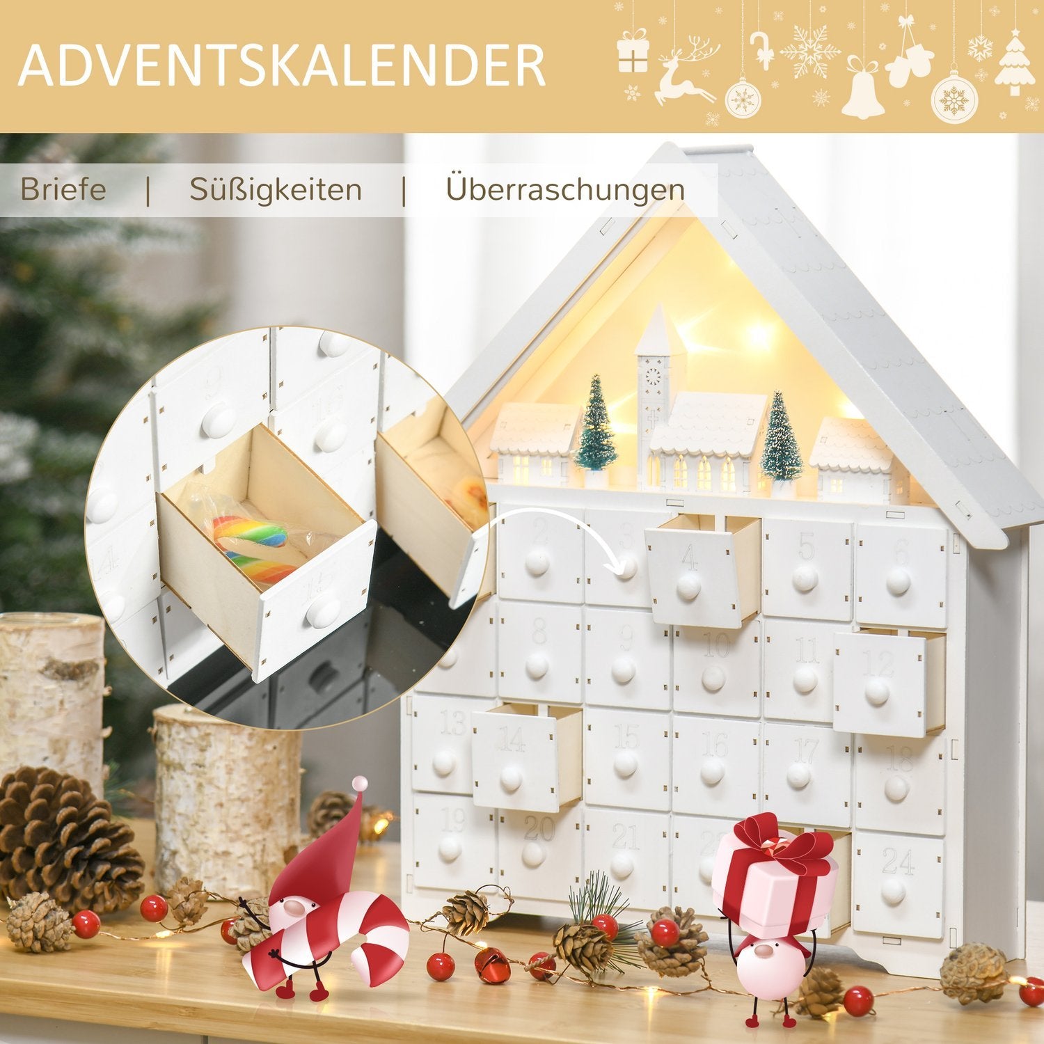 Adventskalender För Att Fylla 24 Lådfack Julkalender Med Led-Ljus 2-I-1 Design Juldekoration Vit 39 X 9 X 42 Cm