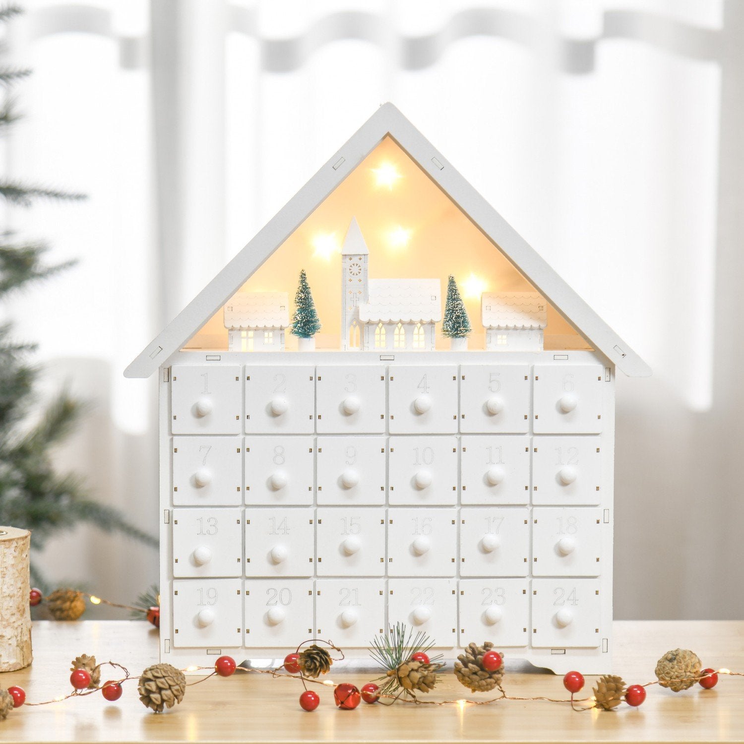 Adventskalender För Att Fylla 24 Lådfack Julkalender Med Led-Ljus 2-I-1 Design Juldekoration Vit 39 X 9 X 42 Cm