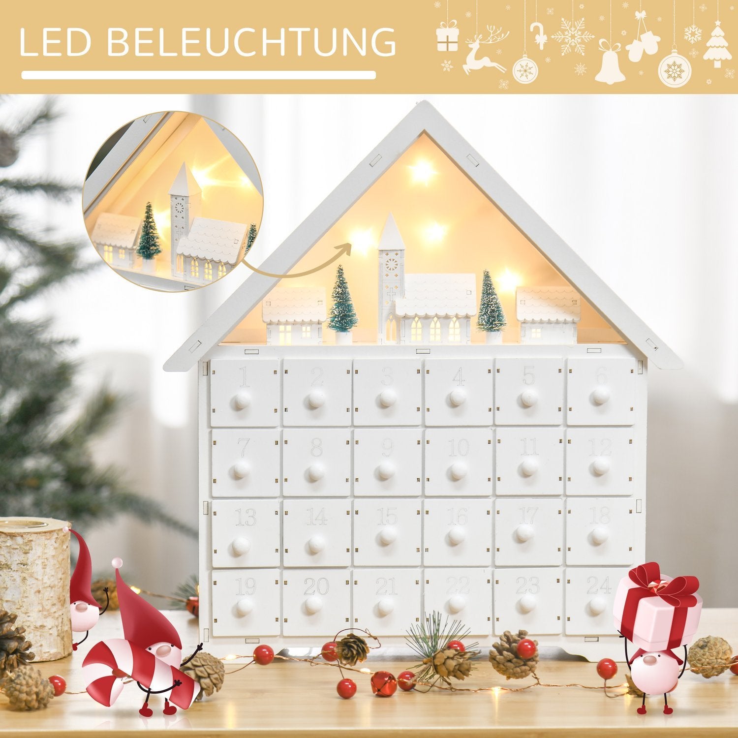 Adventskalender För Att Fylla 24 Lådfack Julkalender Med Led-Ljus 2-I-1 Design Juldekoration Vit 39 X 9 X 42 Cm