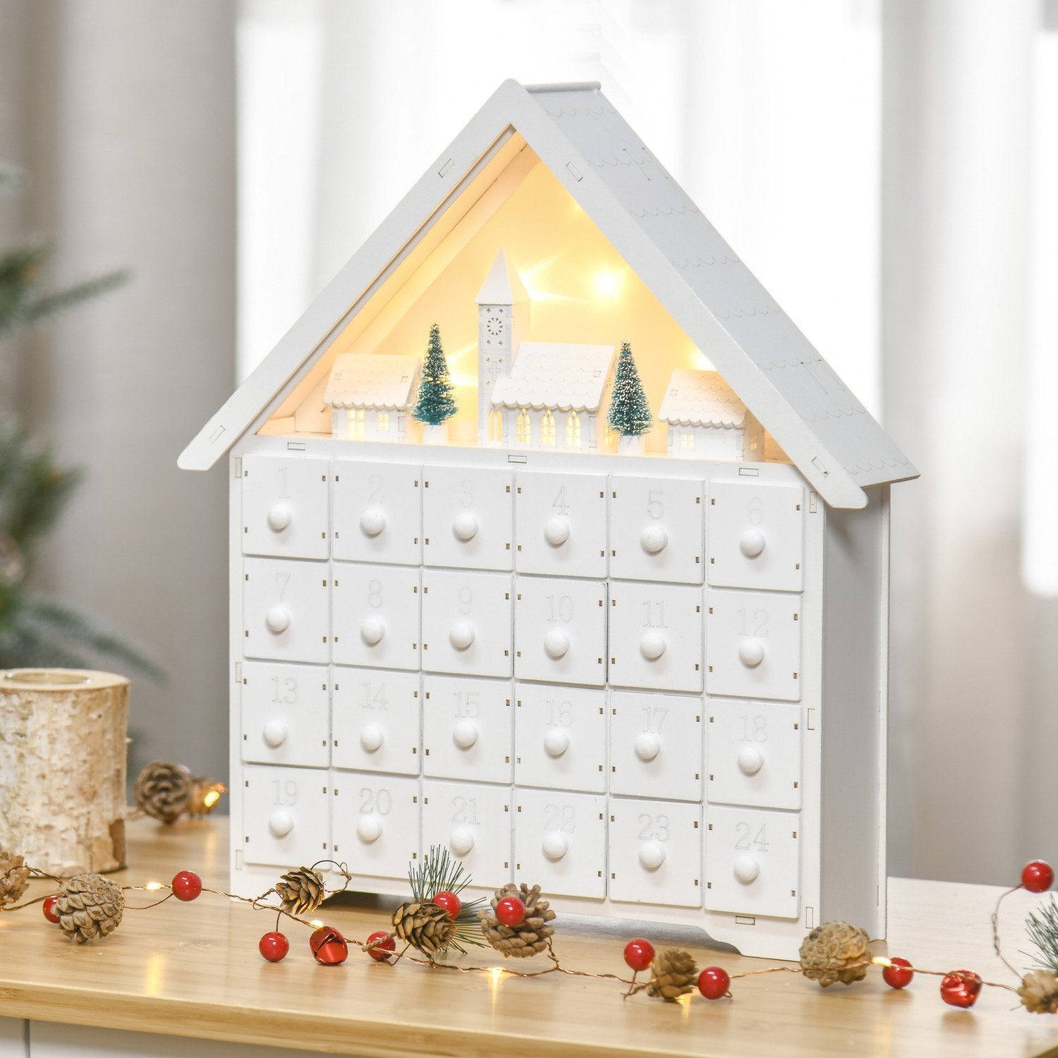 Adventskalender För Att Fylla 24 Lådfack Julkalender Med Led-Ljus 2-I-1 Design Juldekoration Vit 39 X 9 X 42 Cm