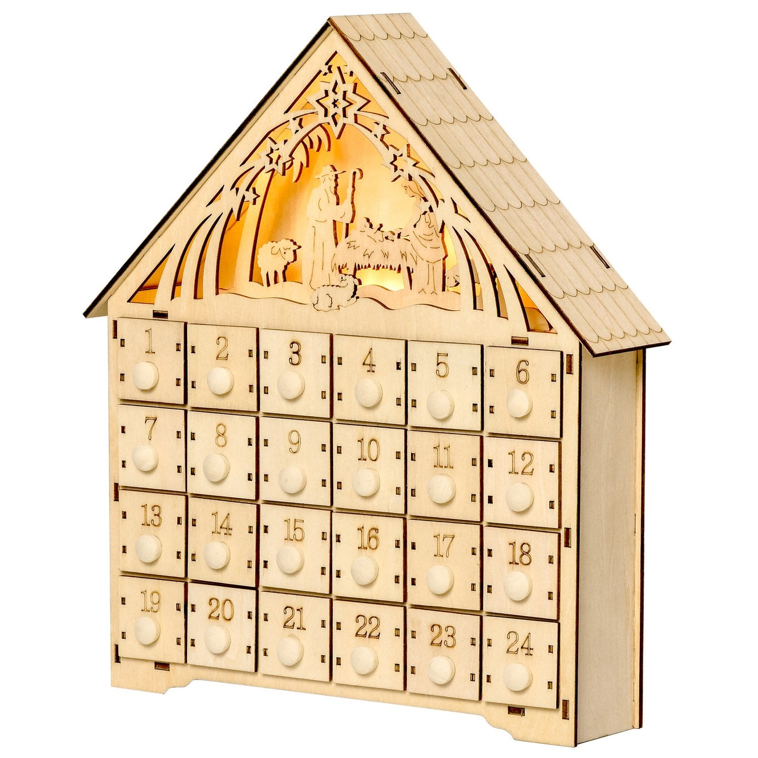 Adventskalender med 24 LED-belysta trälådor