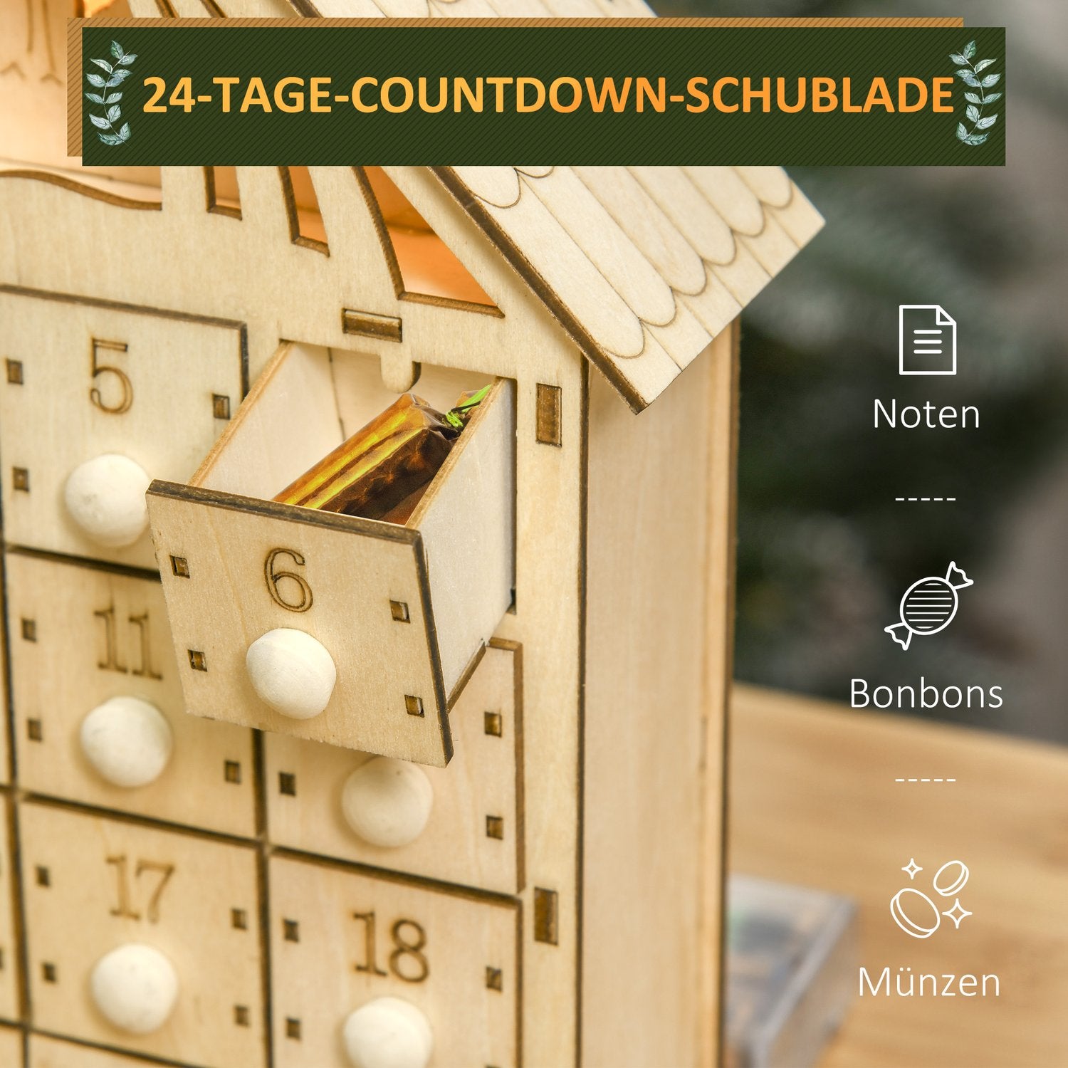 Adventskalender med 24 LED-belysta trälådor