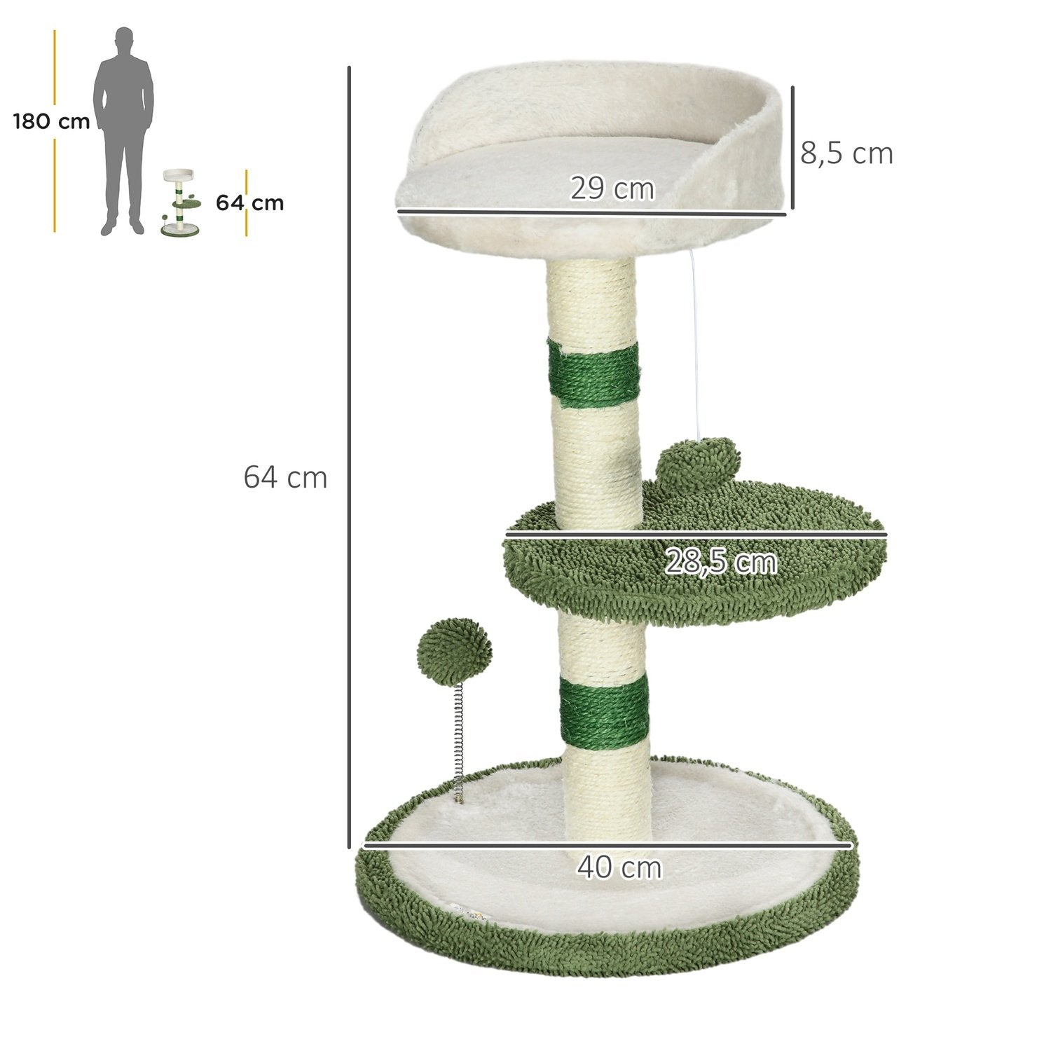 Skrapstolpe Litet 64 Cm Runt Kattträd Med Liggyta & Leksaksboll, För Katter Upp Till 4 Kg, Sisal, Vit/Grön