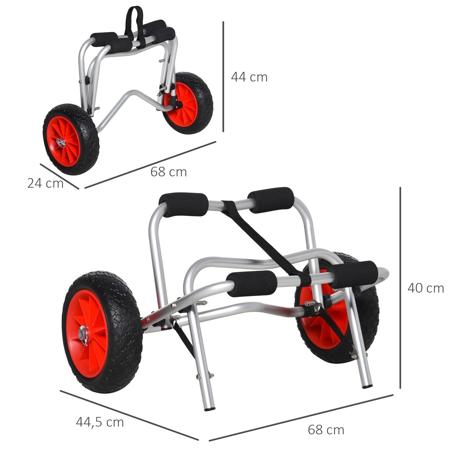 Kanotvagn I Aluminium, Kajakvagn, Surfvagn, Hopfällbar Med Rem, Pu-Hjul, Silver, Upp Till 75 Kg, 68 X 44,5 X 40 Cm