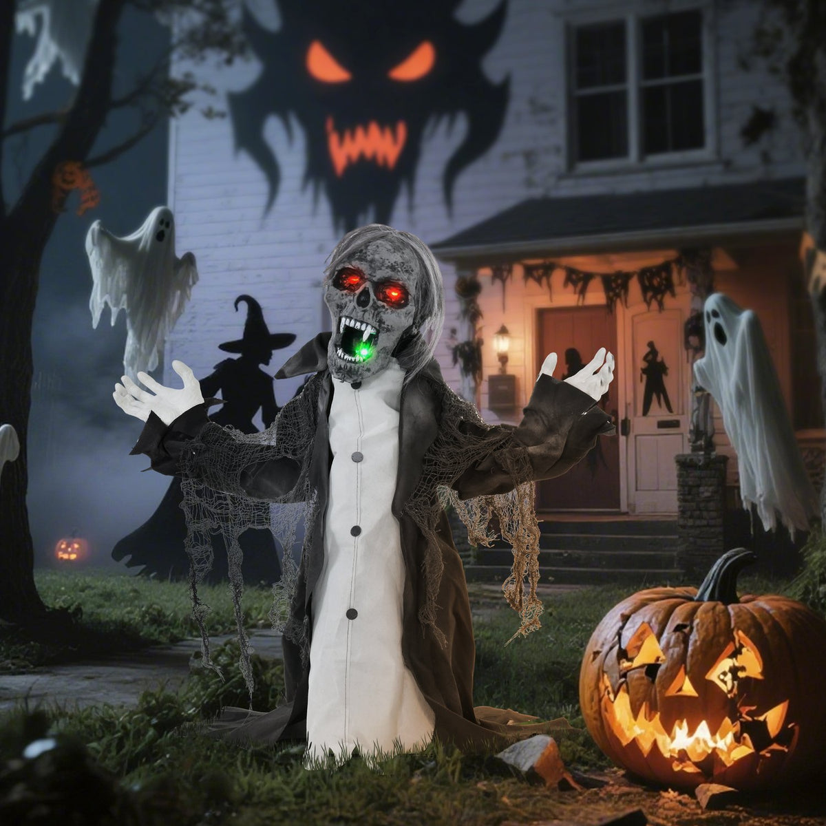 Animovaná halloweenská kostra zombie s pohyblivými pažemi