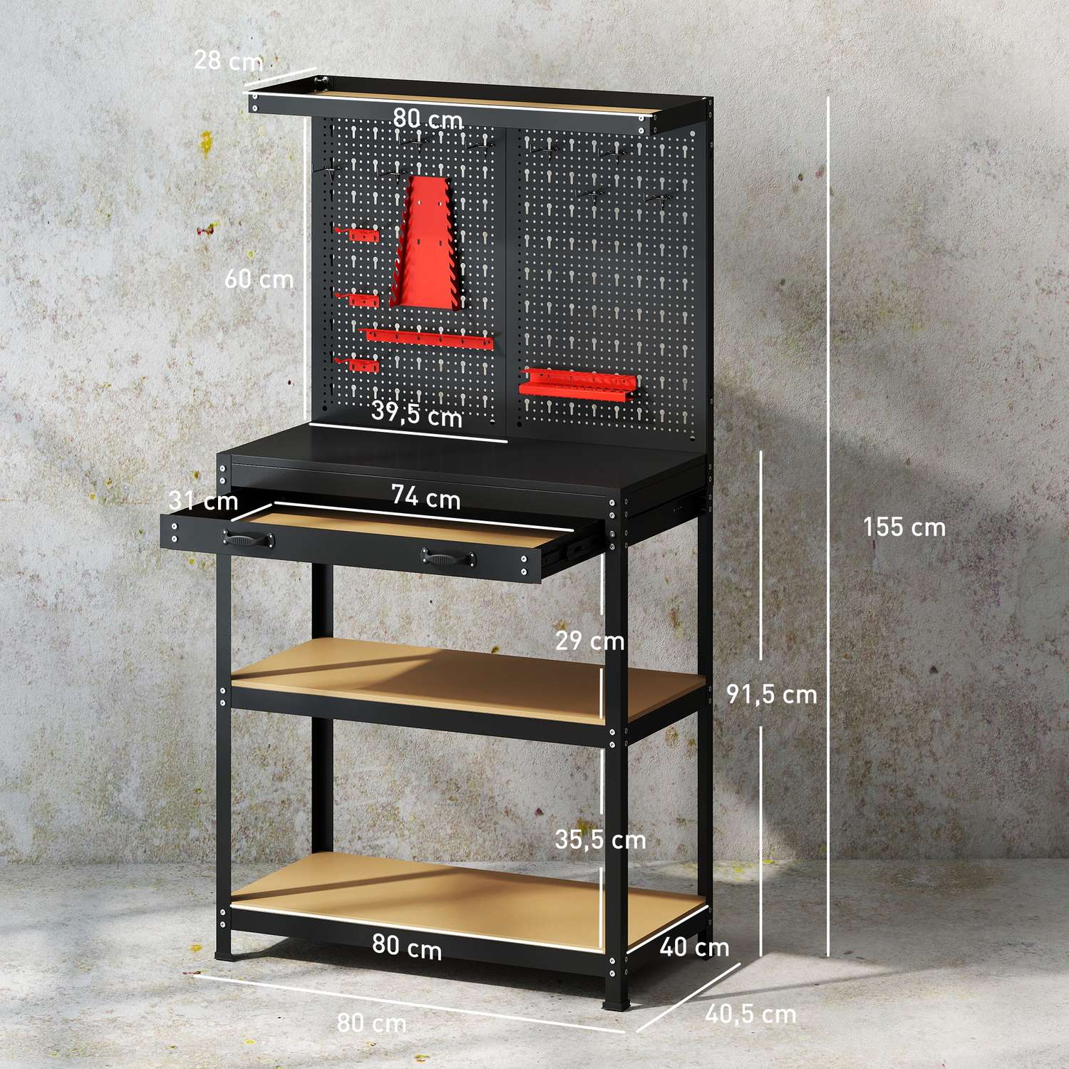 Arbetsbänk med hylsplatta, krokar, låda, 2 hyllor, svart