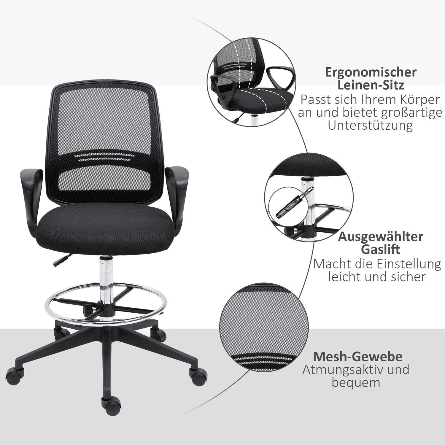 Ergonomisk vridbar kontorsstol, höjdjusterbar med fotstöd