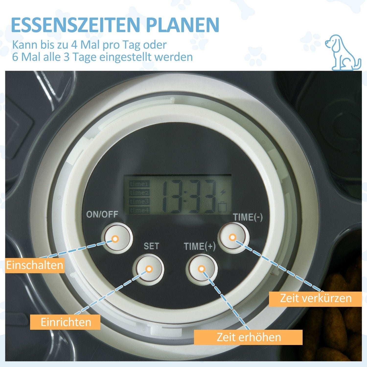 Automatisk Husdjursmatare 6 Fack För Katter Och Hundar 4 Måltider Programmerbar Led Display Timer Vit+Grå