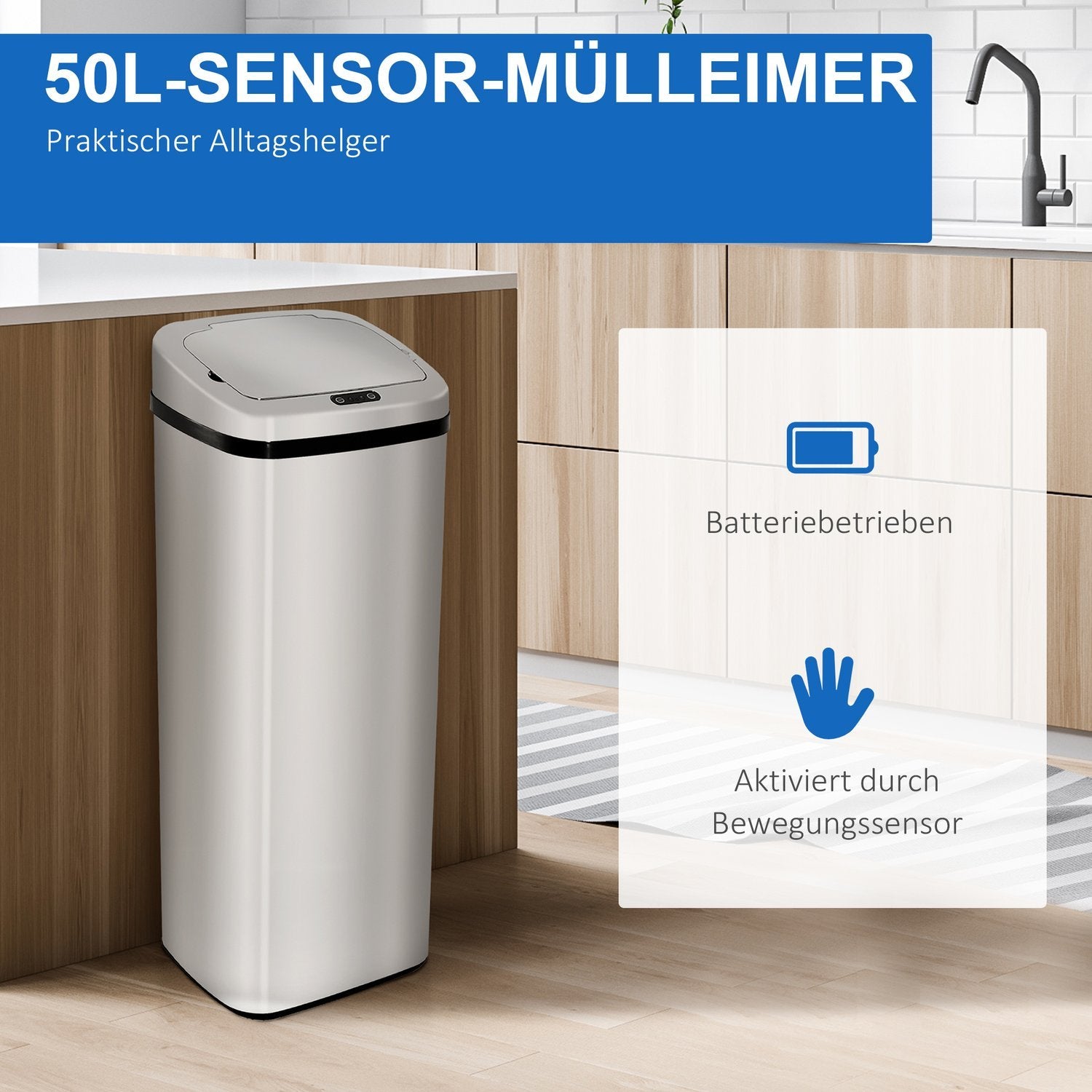 Automatisk Soptunna Med Sensor Kök Rostfritt Stål 50/68L Silver (50L)