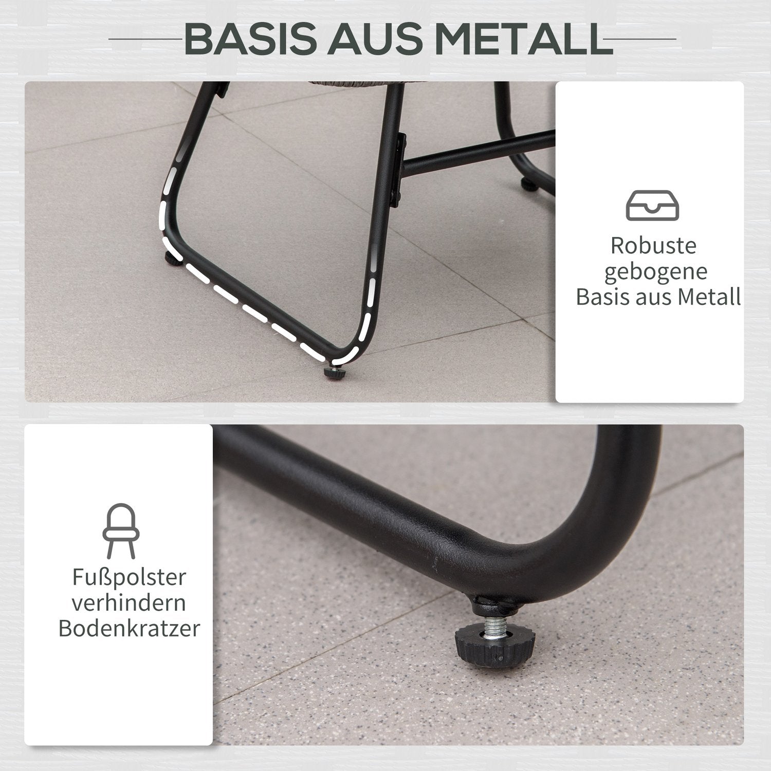 Avkopplingsstol i rotting utomhus med fotpall och gråa kuddar