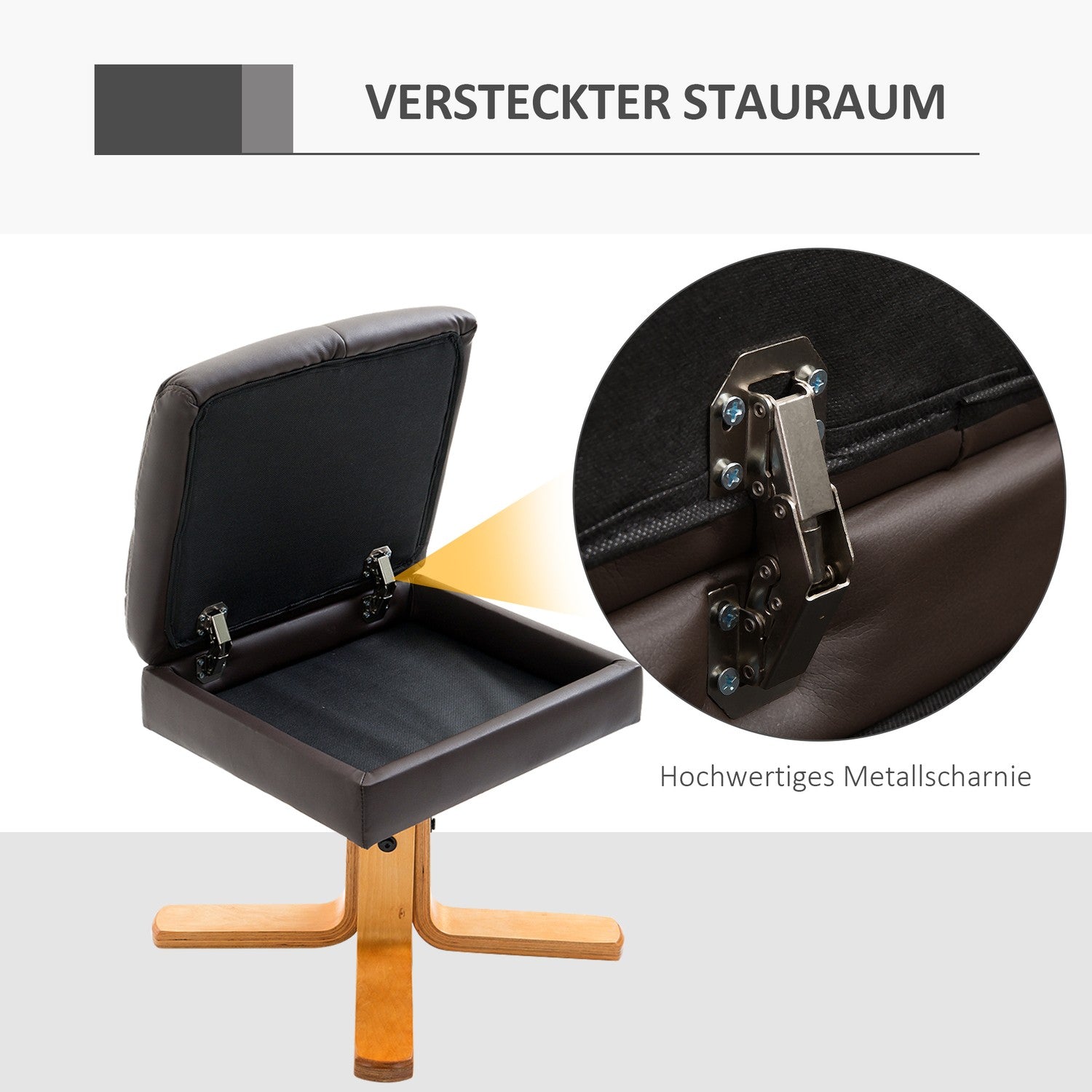 Fåtölj med ottoman, förvaring och vridbar, brun PU