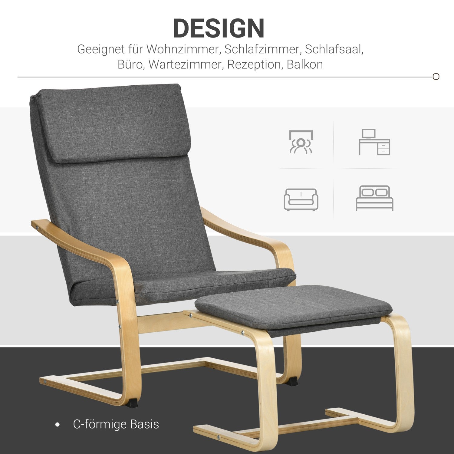 Avslappningsstol i grå linne med armstöd och fotpall