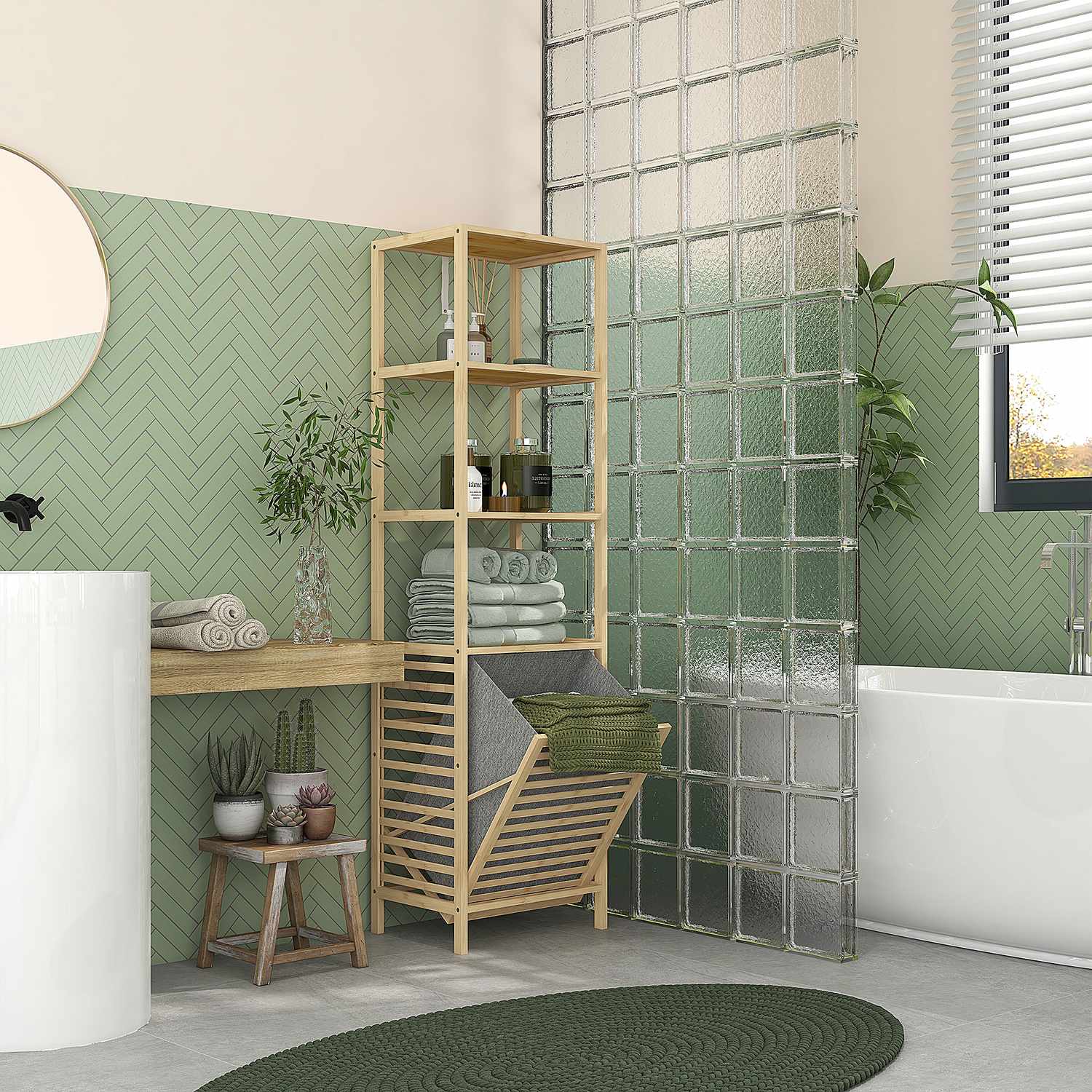 Badrumshylla i bambu med 3 våningar och tygkorg