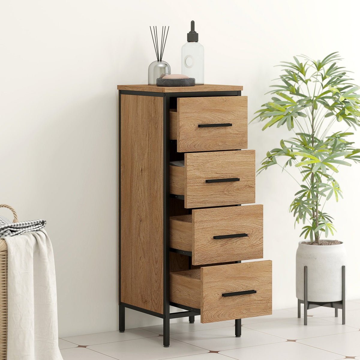 Badkamerkast, 4 laden, compact, industriële stijl