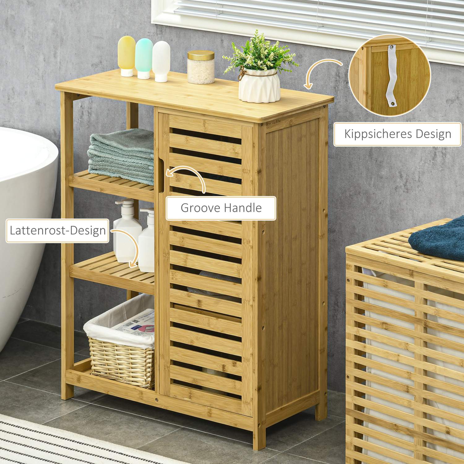 Badrumsskåp med hylla & fack, bambu, natur