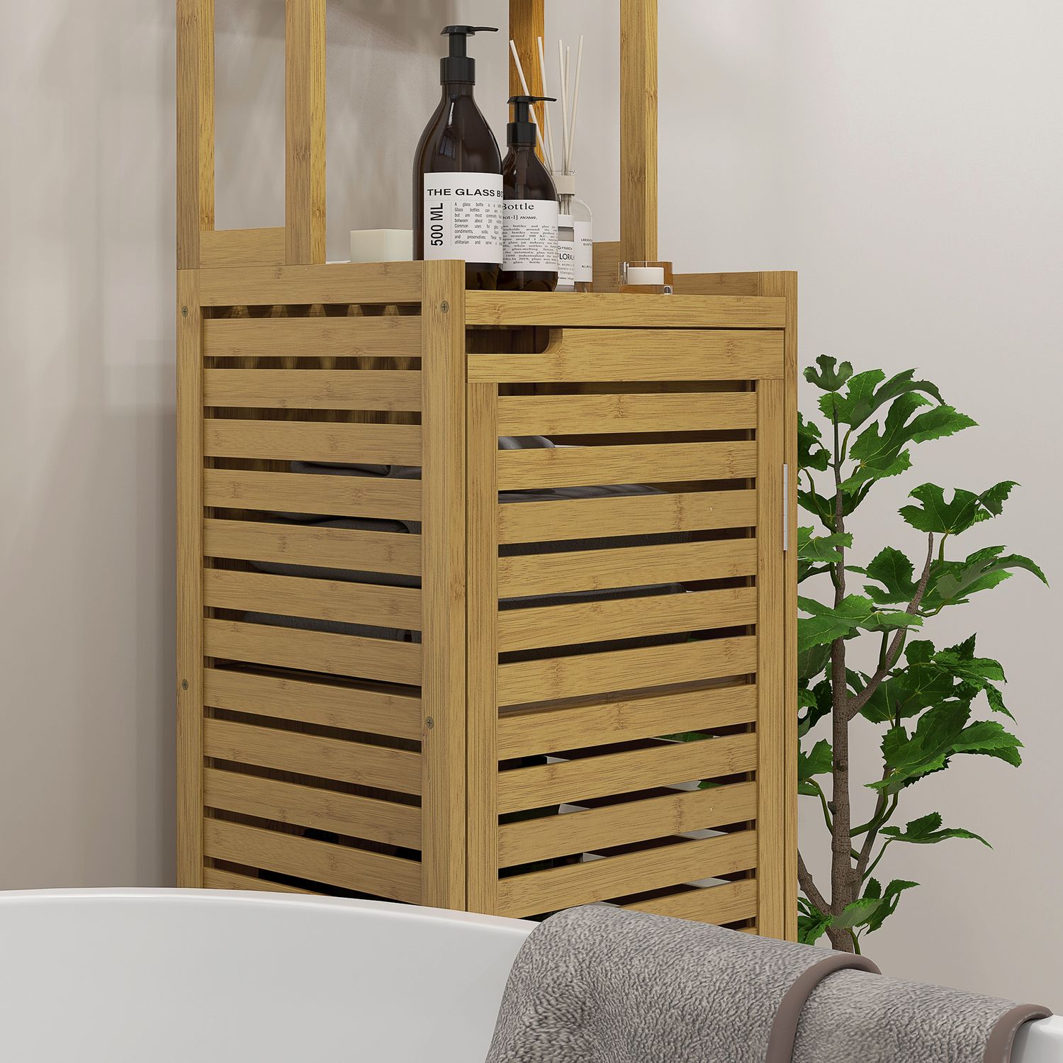 Badrumsskåp i bambu med 3 fack, tippskydd