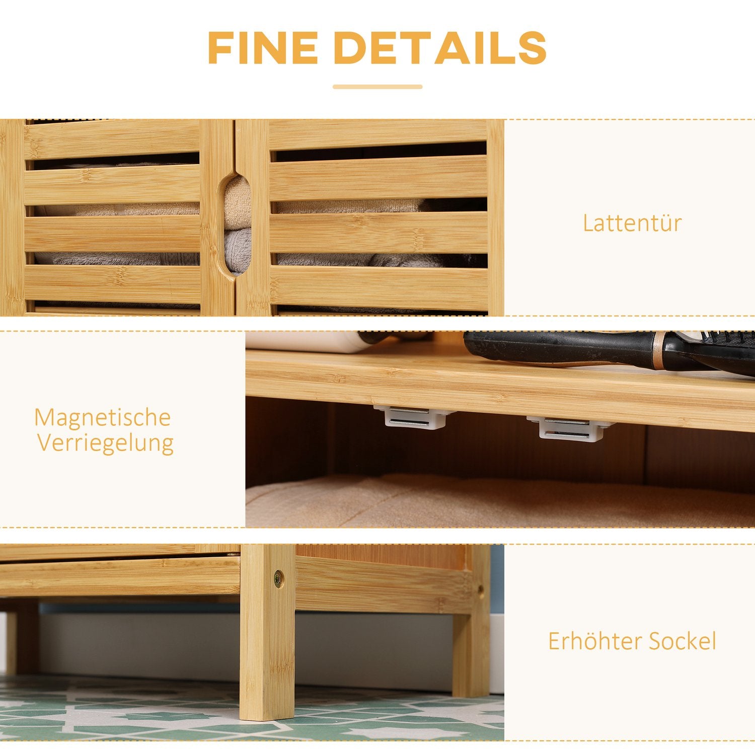 Badrumsskåp i bambu med lamelldörrar, tippskyddsdesign