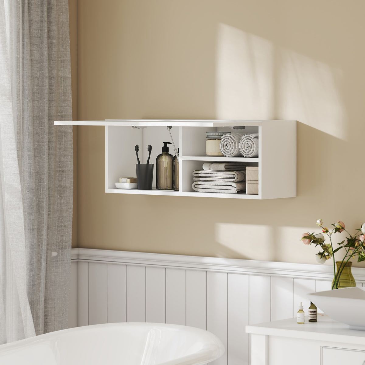 Badkamerkast met klepdeur, gasveer, 80x25x30 cm, wit