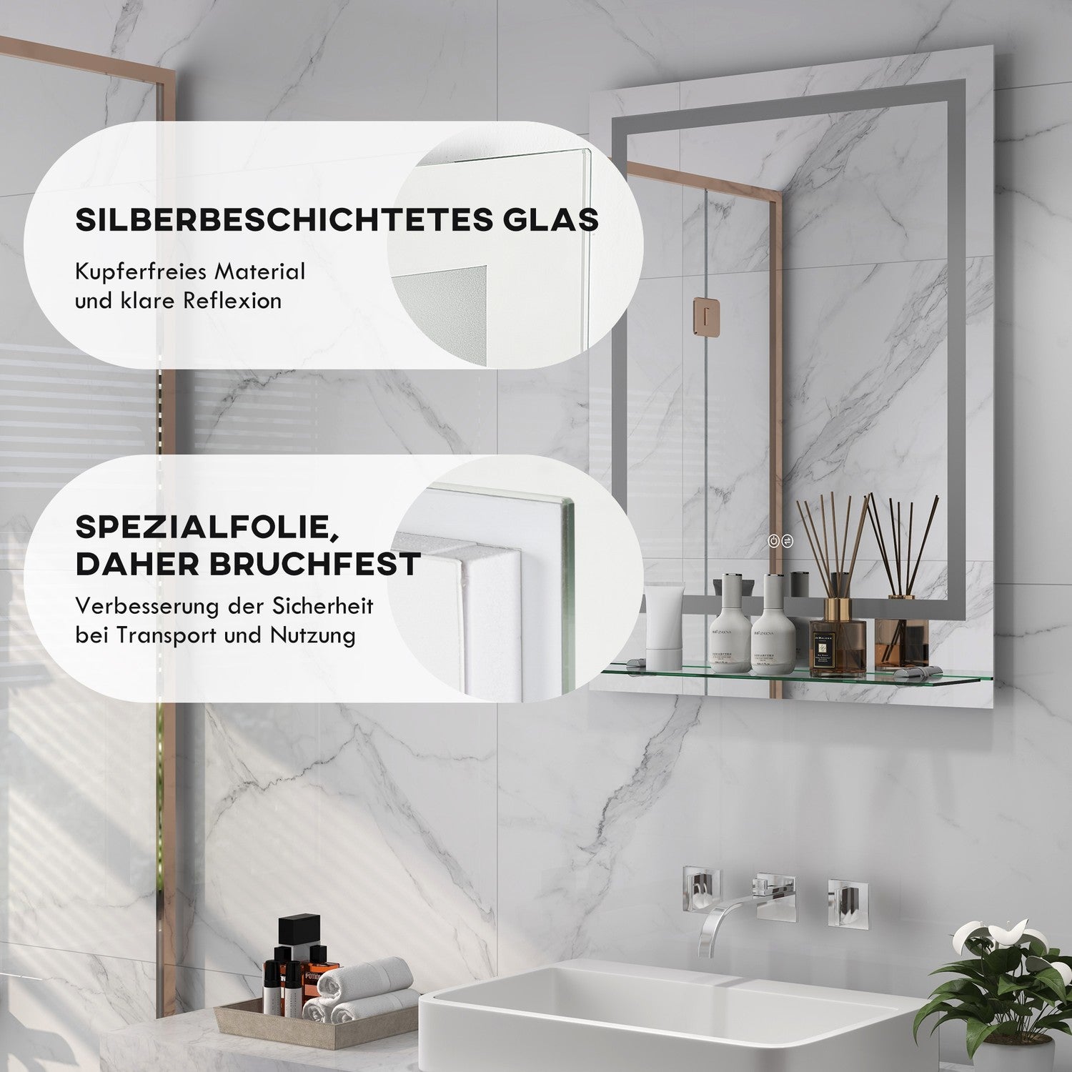 Badrumsspegel med belysning och anti-dim, 70 x 50 cm