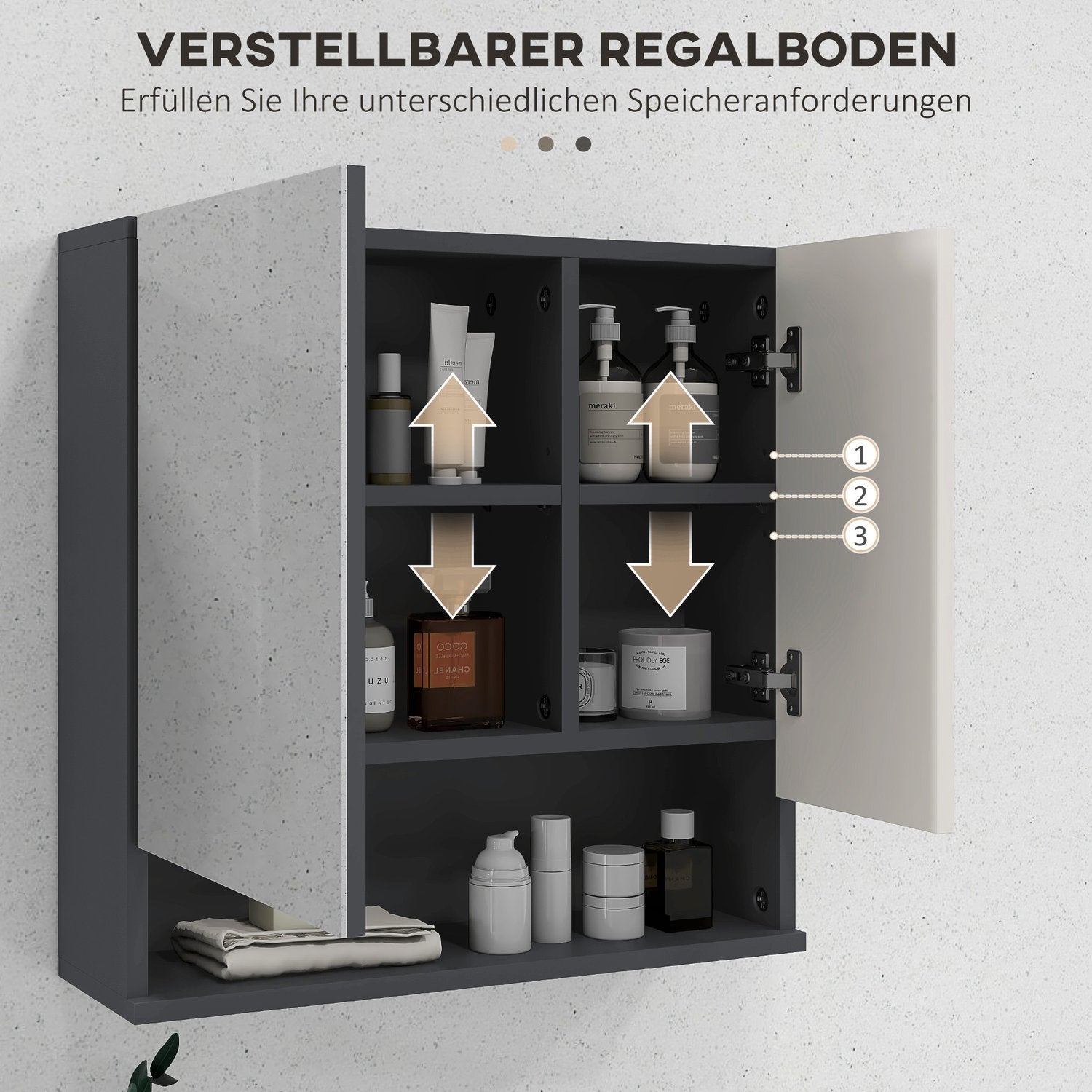 Badrumsspegelskåp – anti-dimma, justerbar hylla, grå