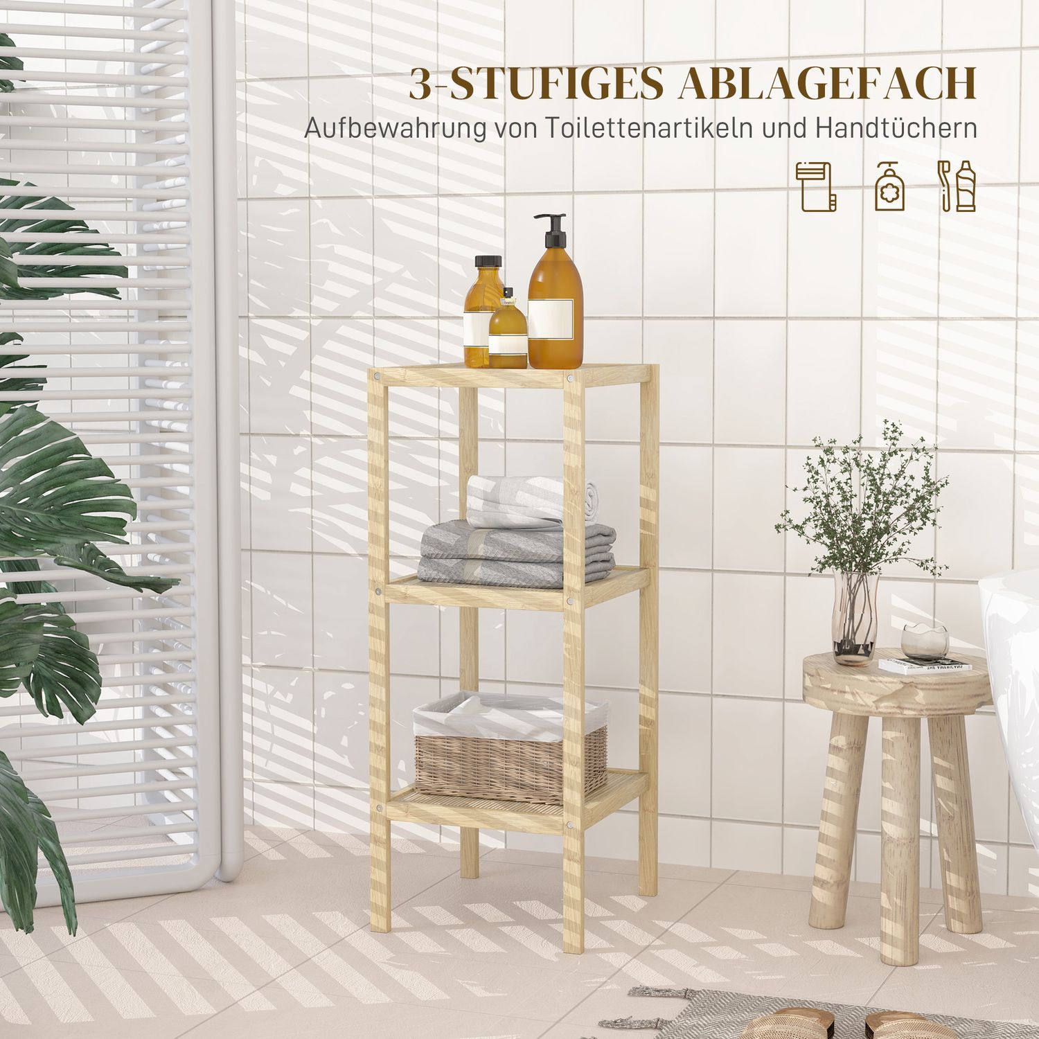 Bambu 3-vånings badrumshylla - naturligt trä, 33x31x78 cm
