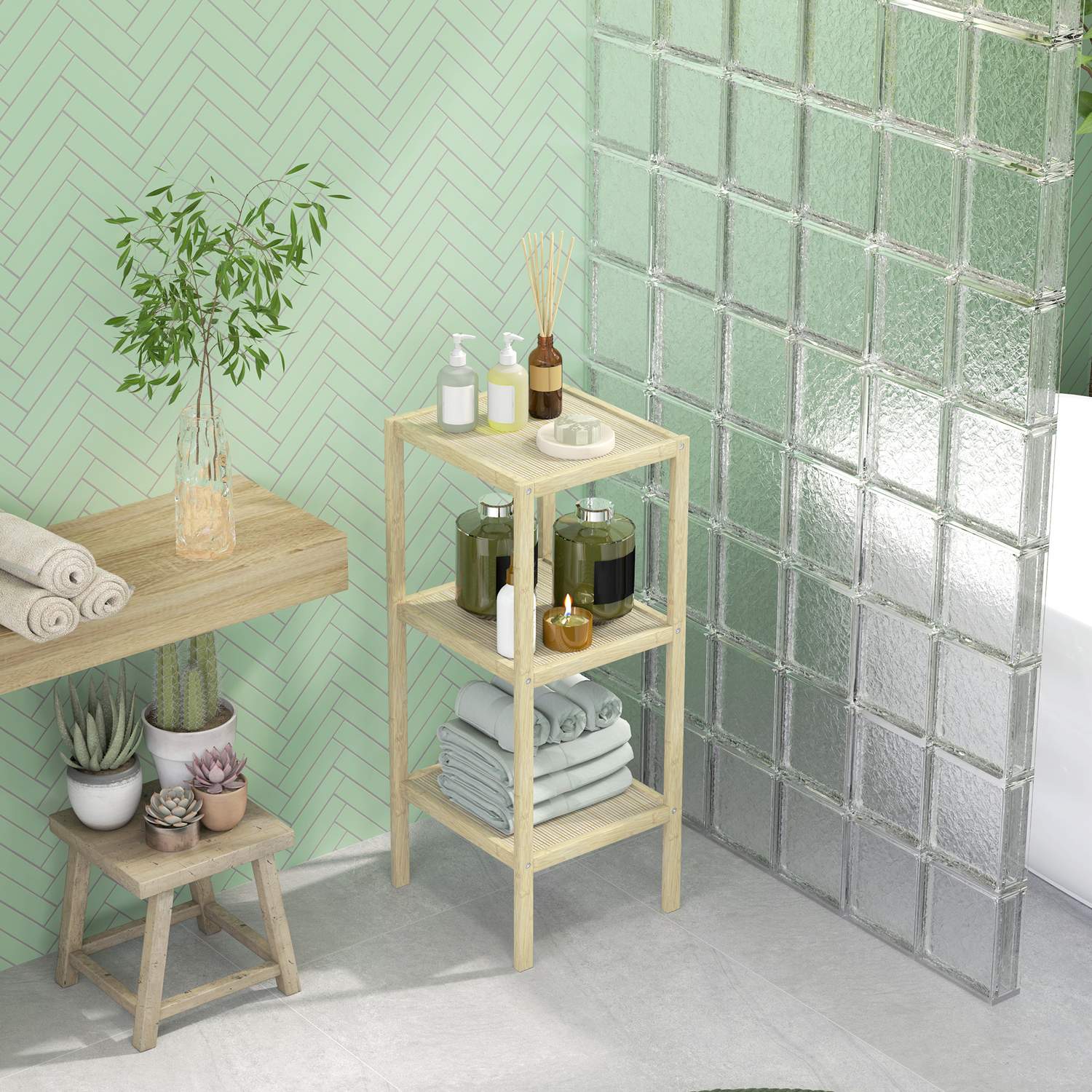 Bambu 3-vånings badrumshylla - naturligt trä, 33x31x78 cm