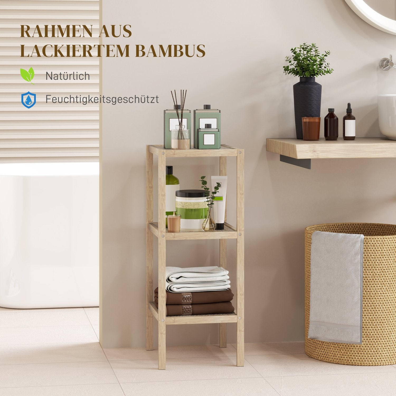 Bambu 3-vånings badrumshylla - naturligt trä, 33x31x78 cm