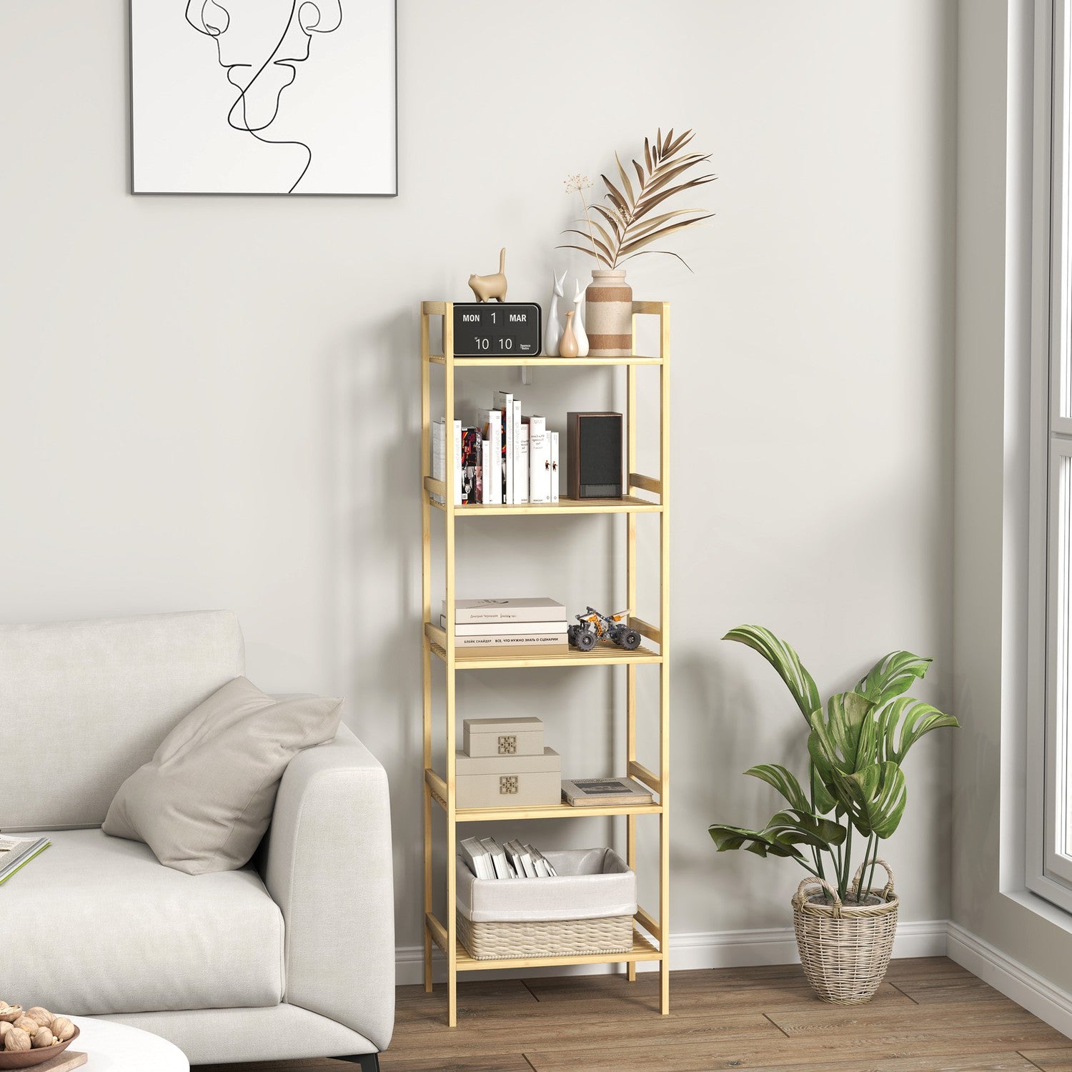 Bambu 5-vånings justerbar hylla, 43,5x31,5x142 cm – naturligt trä
