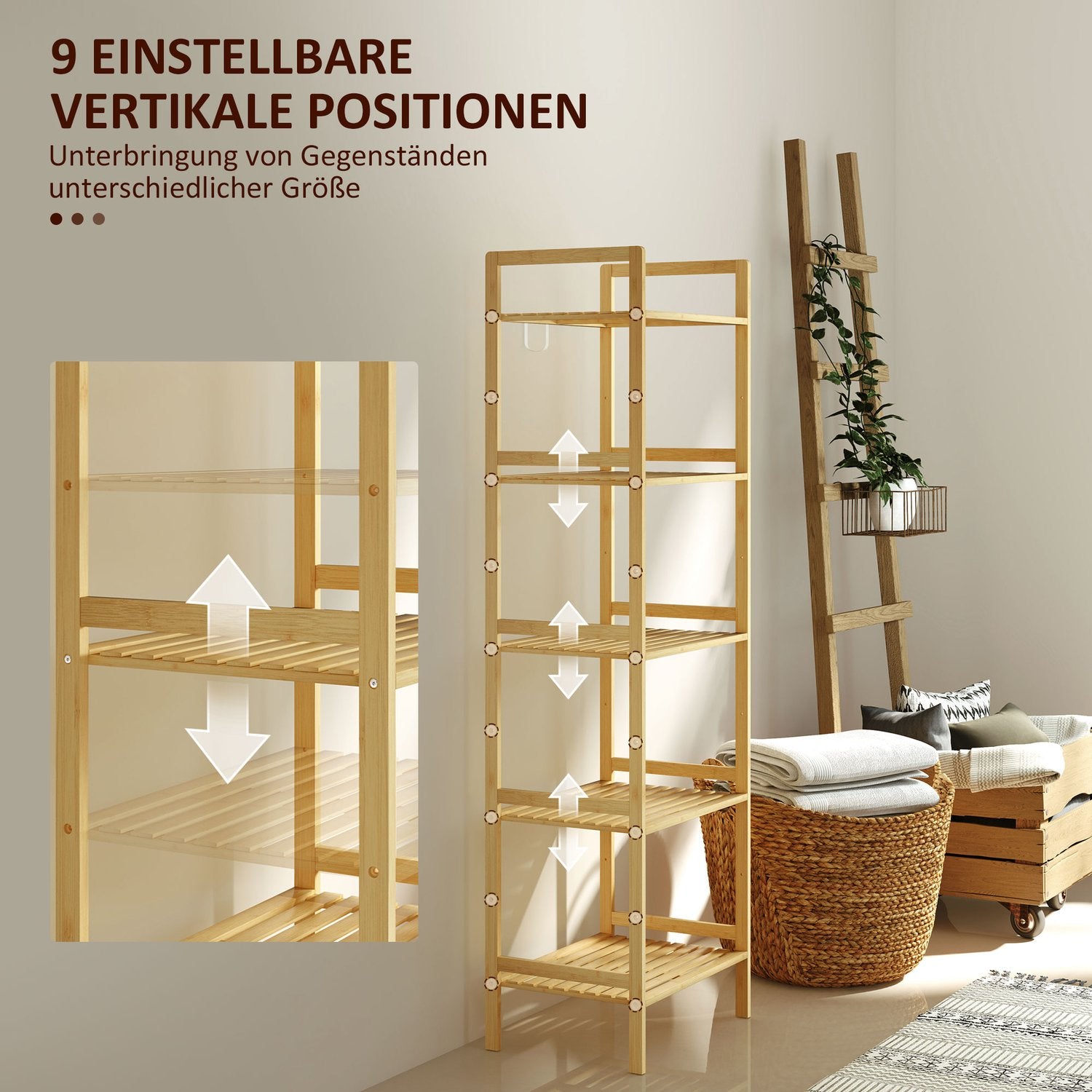 Bambu 5-vånings justerbar hylla, 43,5x31,5x142 cm – naturligt trä