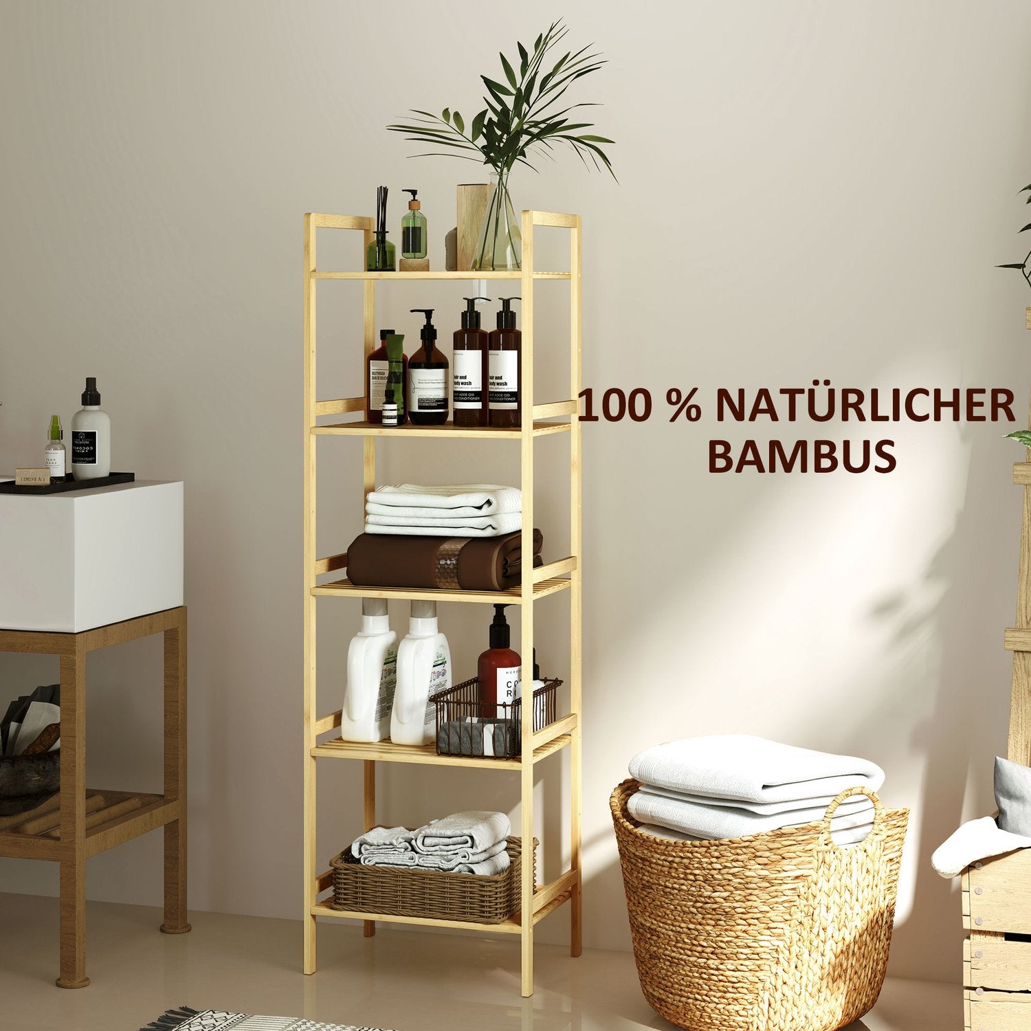 Bambu 5-vånings justerbar hylla, 43,5x31,5x142 cm – naturligt trä