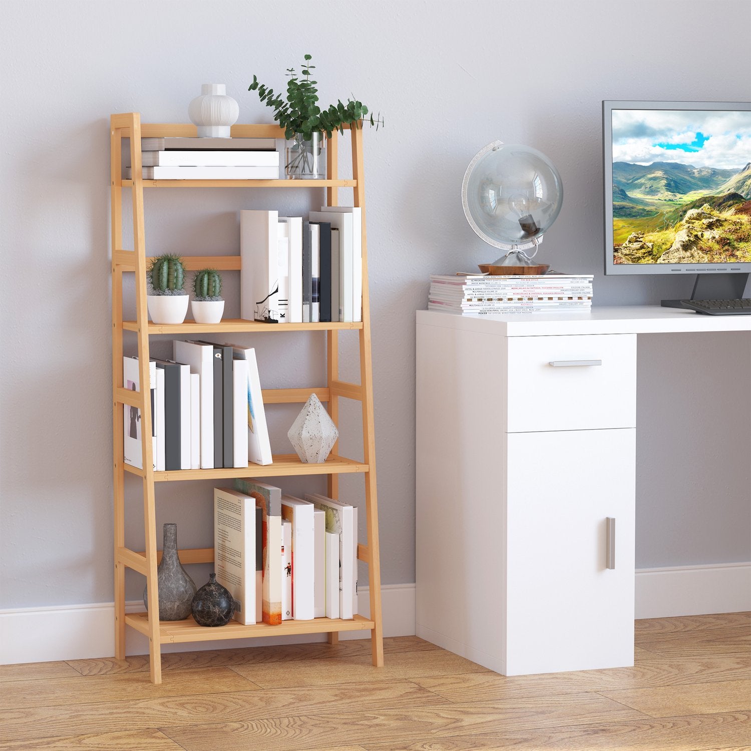 Bambu bokhylla, 4-lagers förvaring för vardagsrum och kontor