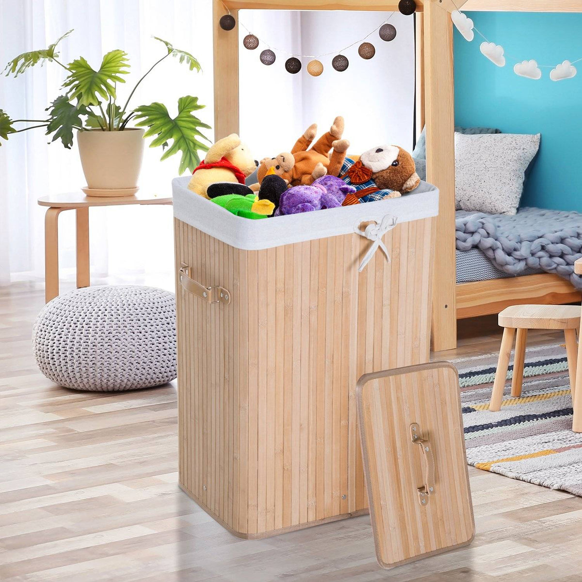 Bambu hopfällbar tvättkorg 72L – Canvaspåse med lock
