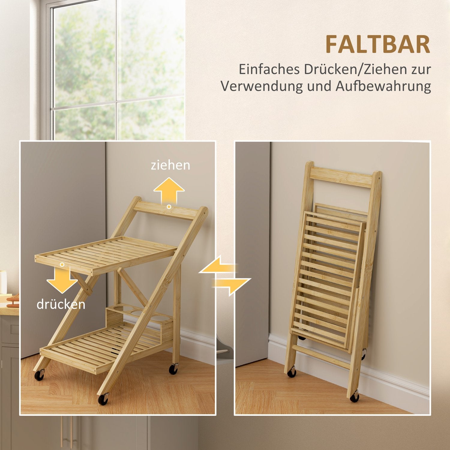 Bambu köksvagn med vinställ och bänkskiva