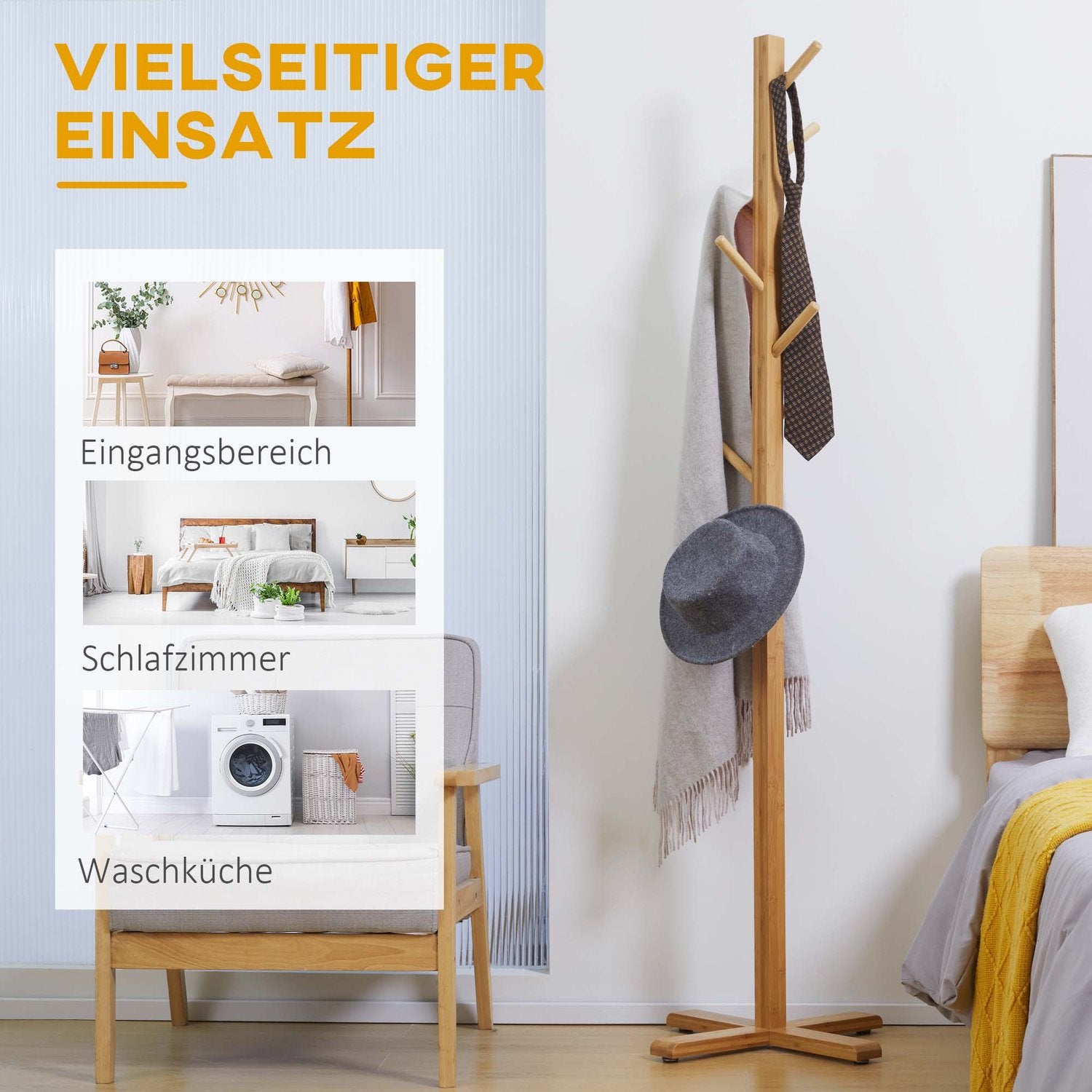 Bambu klädhängare med 8 krokar, naturlig finish, 49,5x178 cm