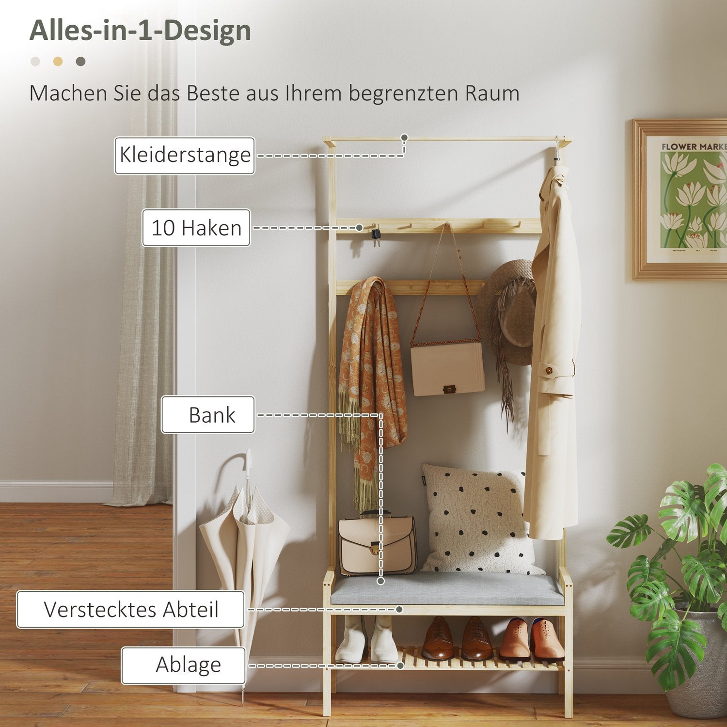 Bamburock och skoställ med bänk och krokar