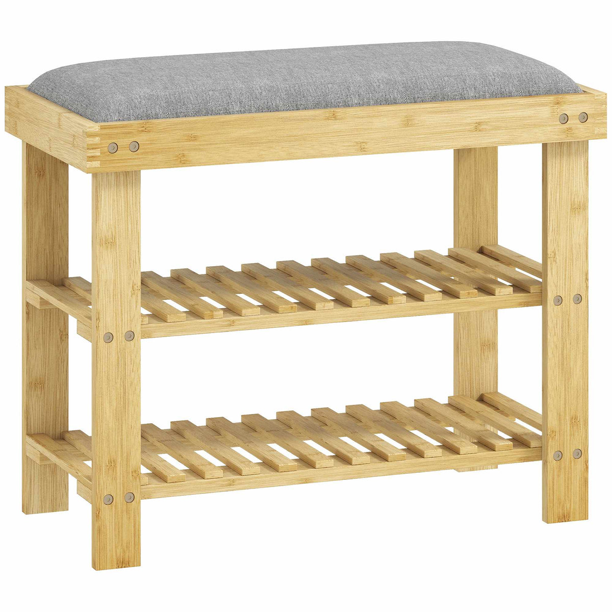 Bamboe-schoenenbank met opbergruimte, 2 planken, 60x29x49 cm, grijs