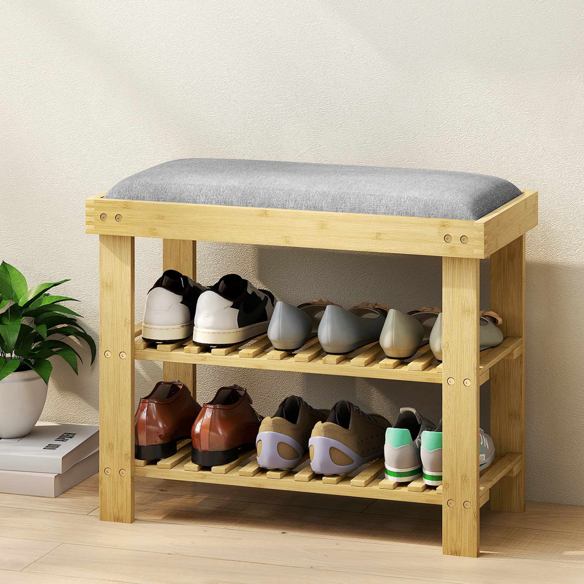 Bamboe-schoenenbank met opbergruimte, 2 planken, 60x29x49 cm, grijs