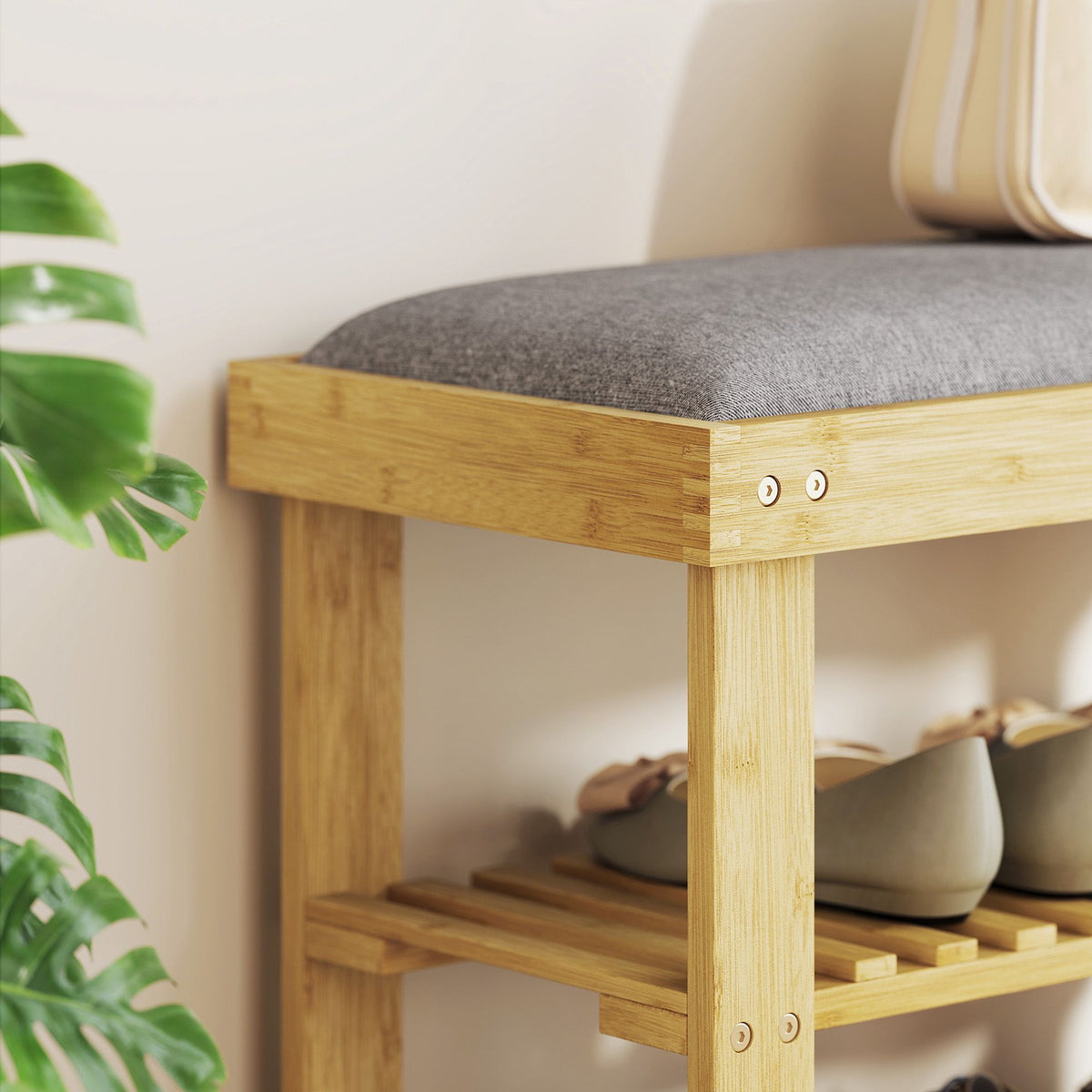Bamboe-schoenenbank met opbergruimte, 2 planken, 60x29x49 cm, grijs