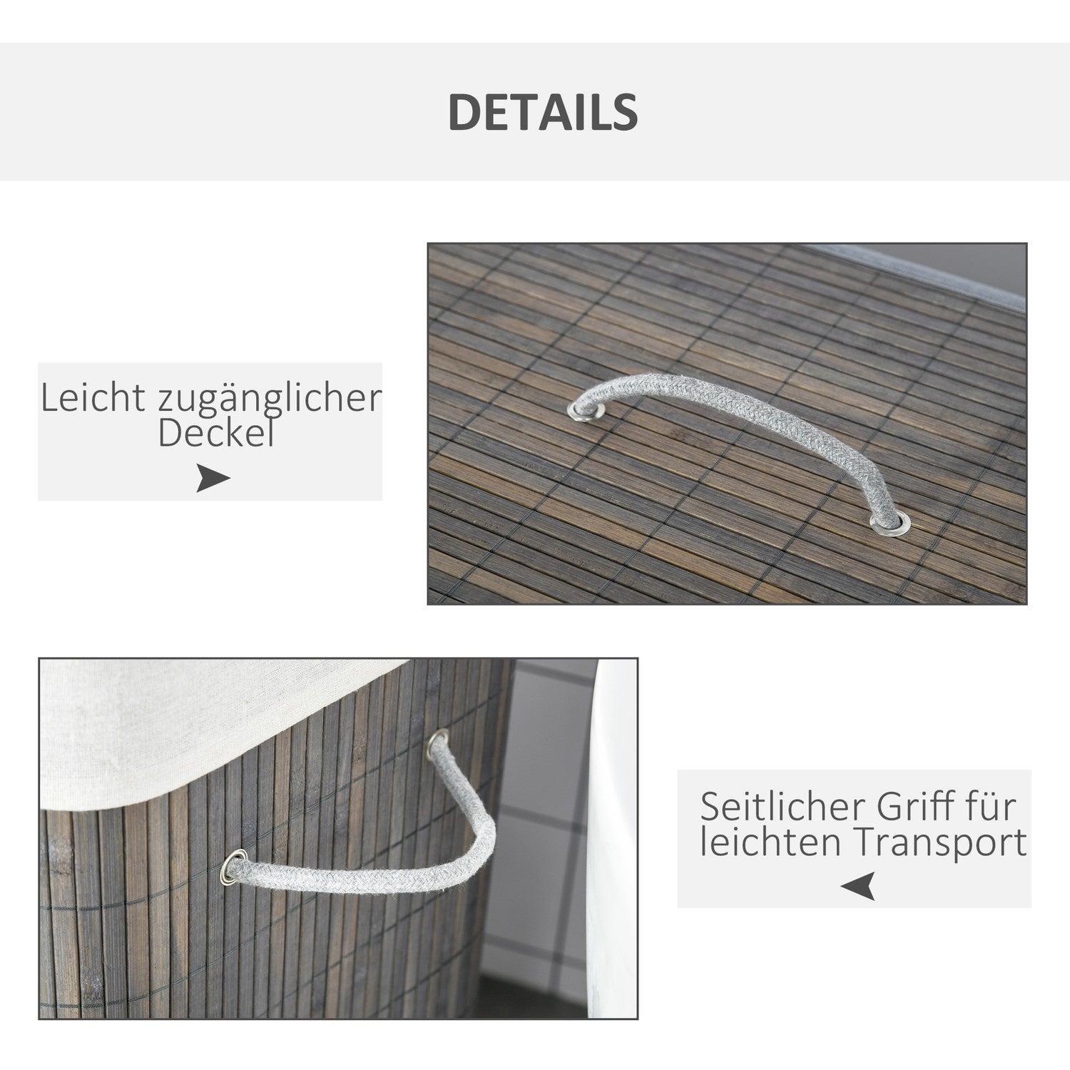 Bambu tvättkorg, 100L, dubbla fack, hopfällbart lock