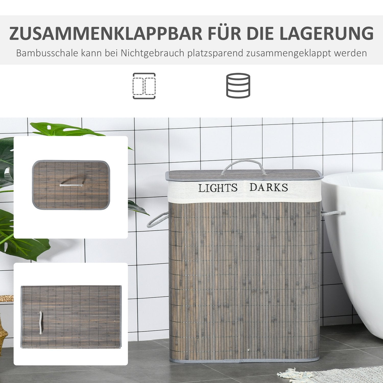 Bambu tvättkorg, 100L, dubbla fack, hopfällbart lock