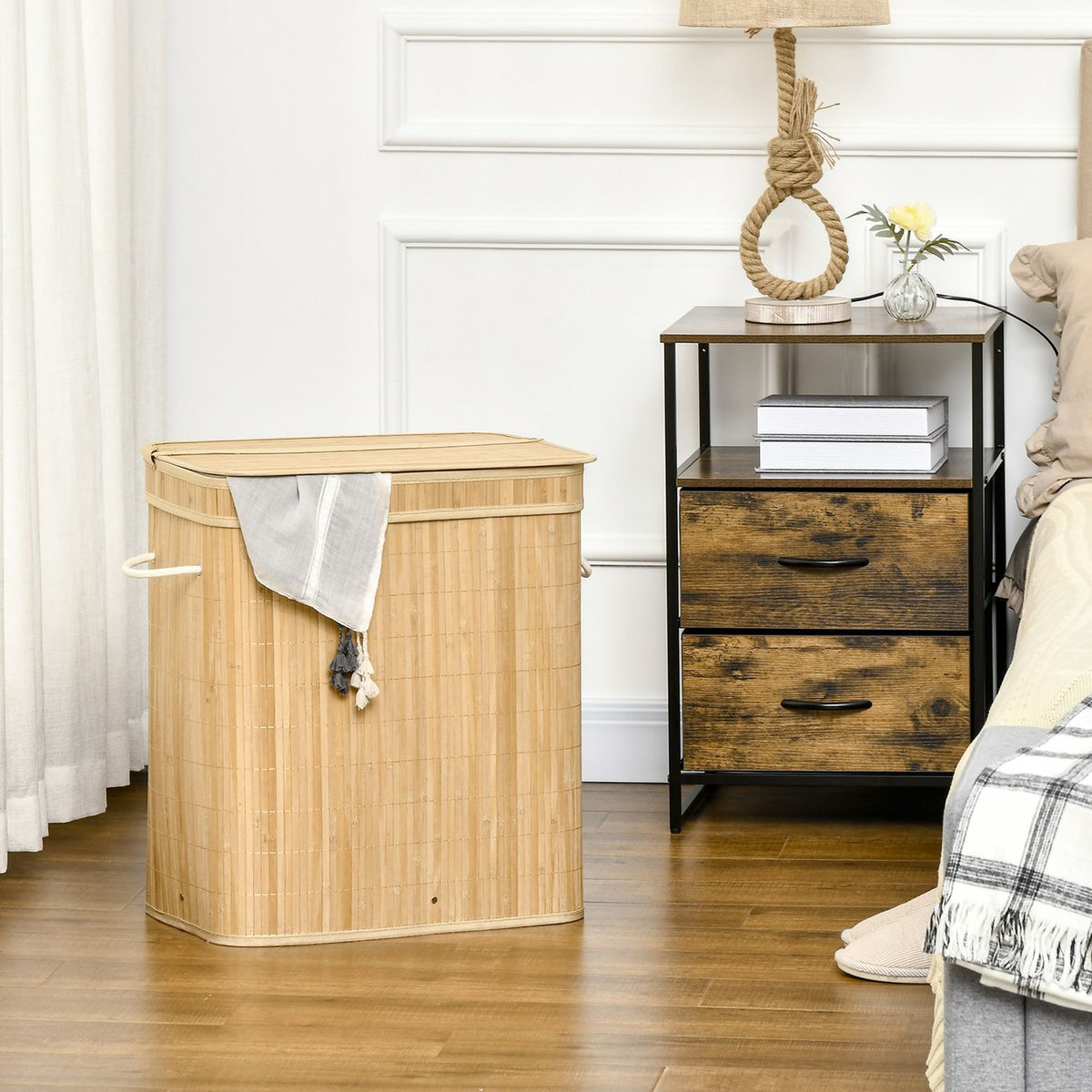 Bambu tvättkorg med lock och 2 fack, 90L