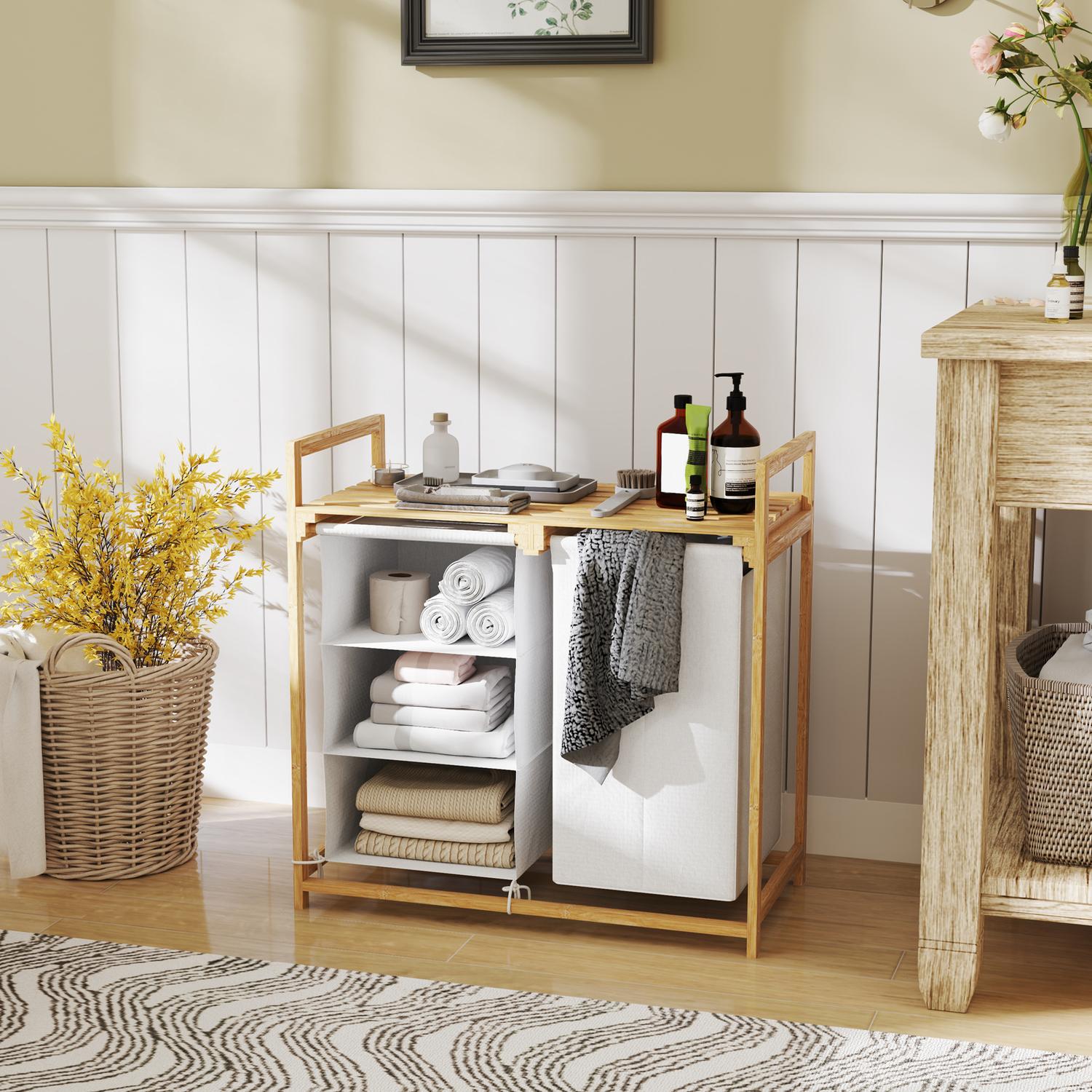 Bambu tvättkorgsorterare – 4 fack, avtagbara påsar