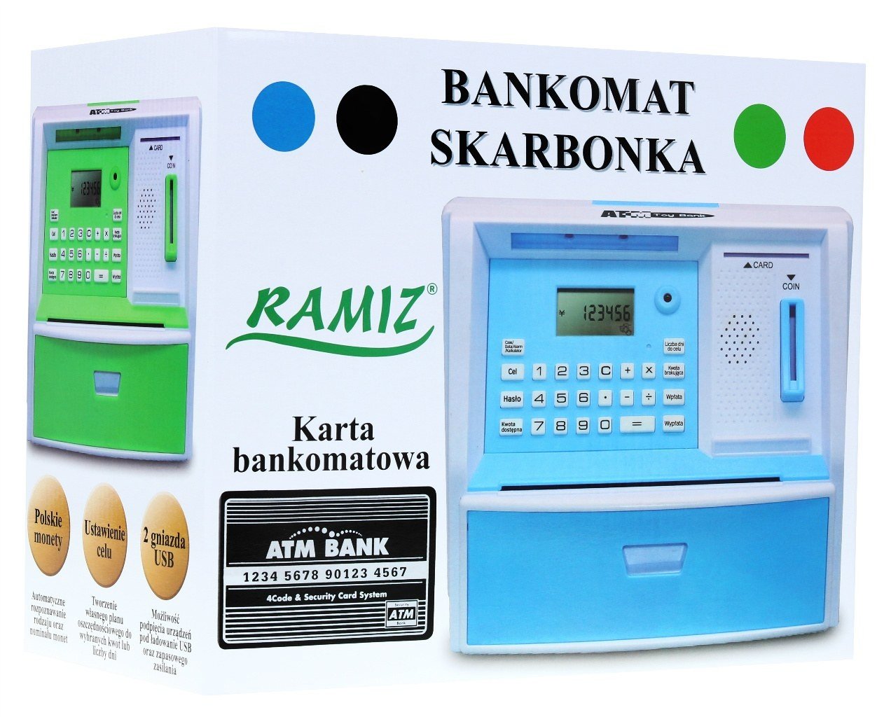 Bankomat Spargris med PIN-kod, kort, PLN-mynt, USB-laddning