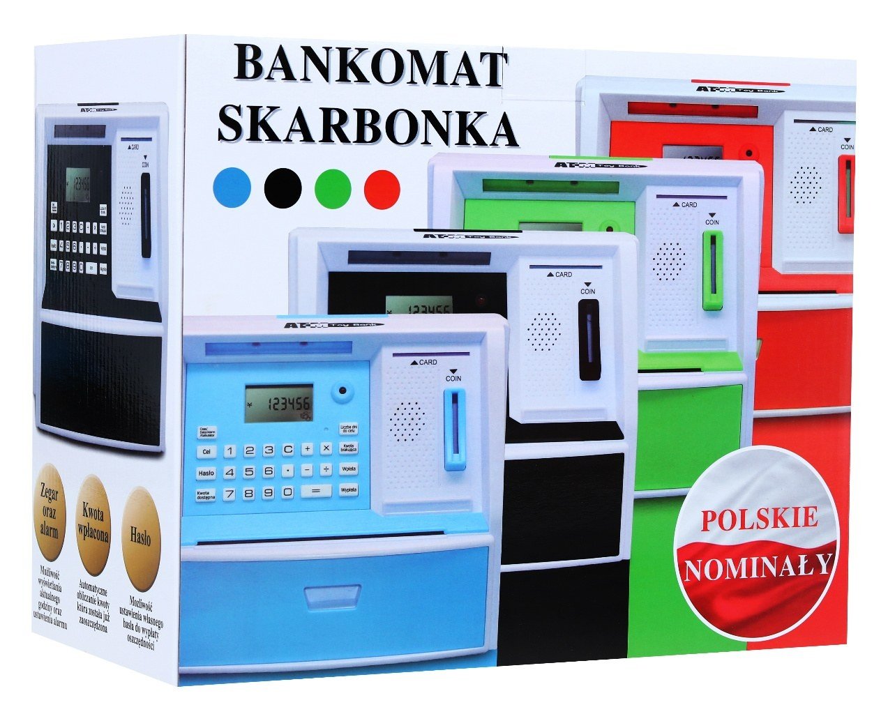 Bankomat Spargris med PIN-kod, kort, PLN-mynt, USB-laddning