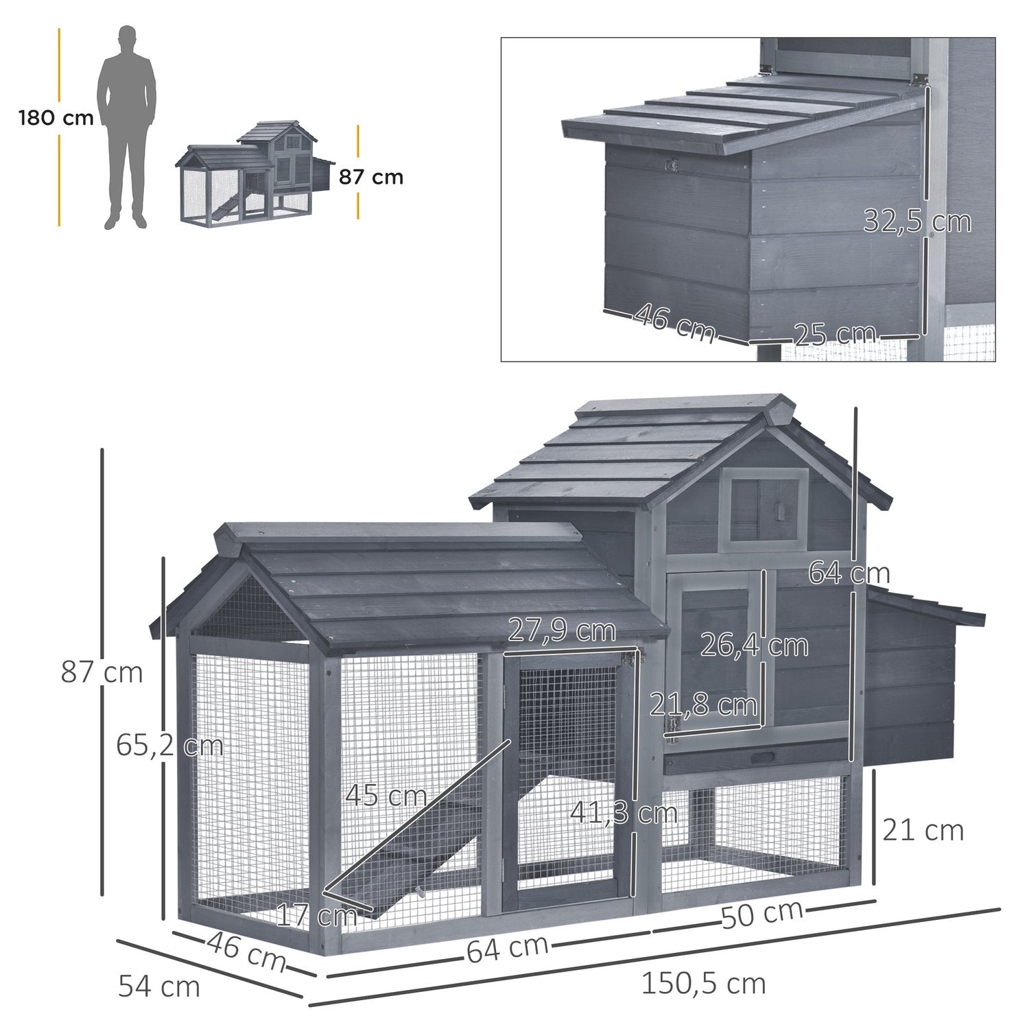 Bantam Chicken Coop med häckningslåda, granträ, grå