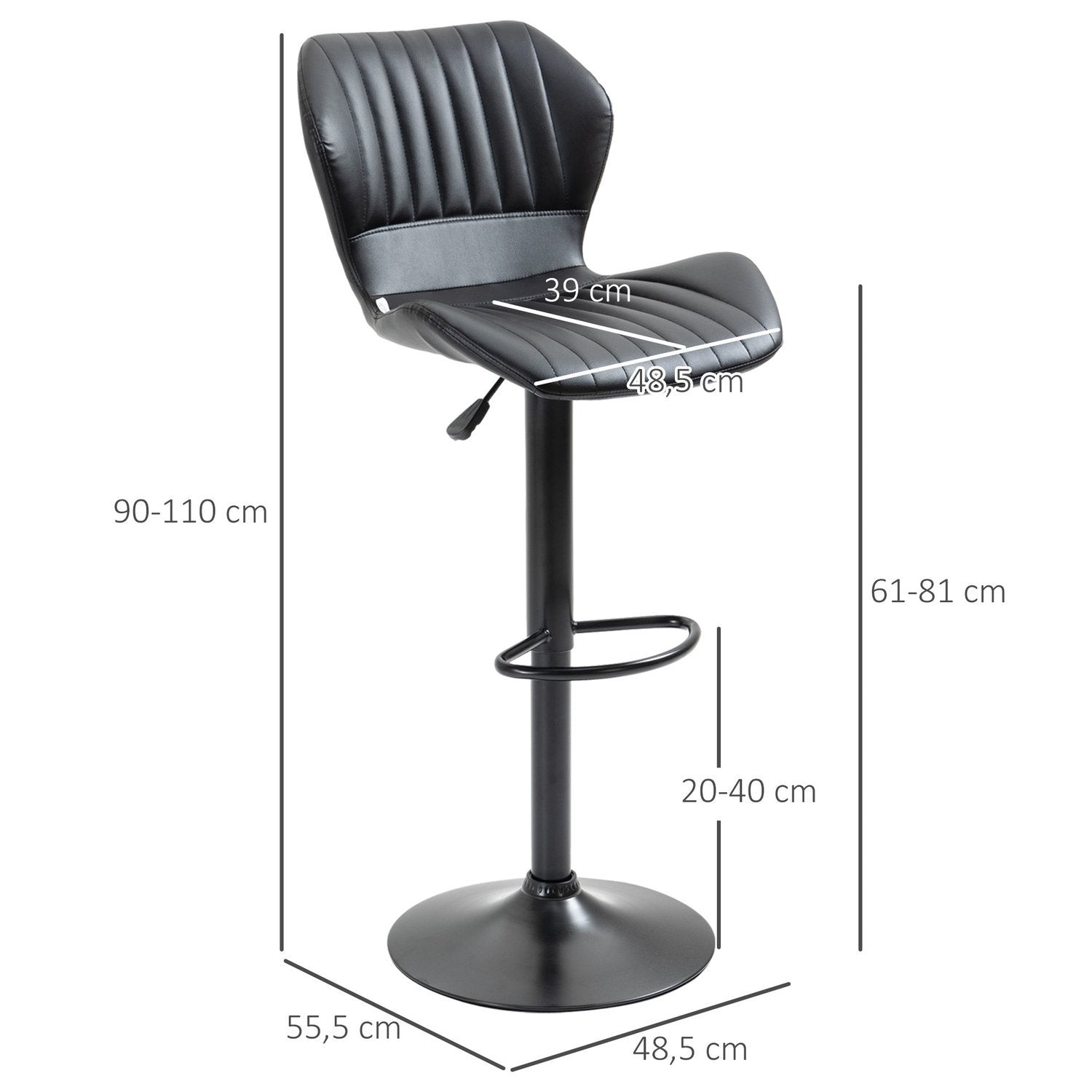 Barstolar Höjdjusterbar Set Med 2 Snurrstolar Barstolar 360° Vridbara Med Ryggstöd I Konstläder 48,5X55,5X90-110 M