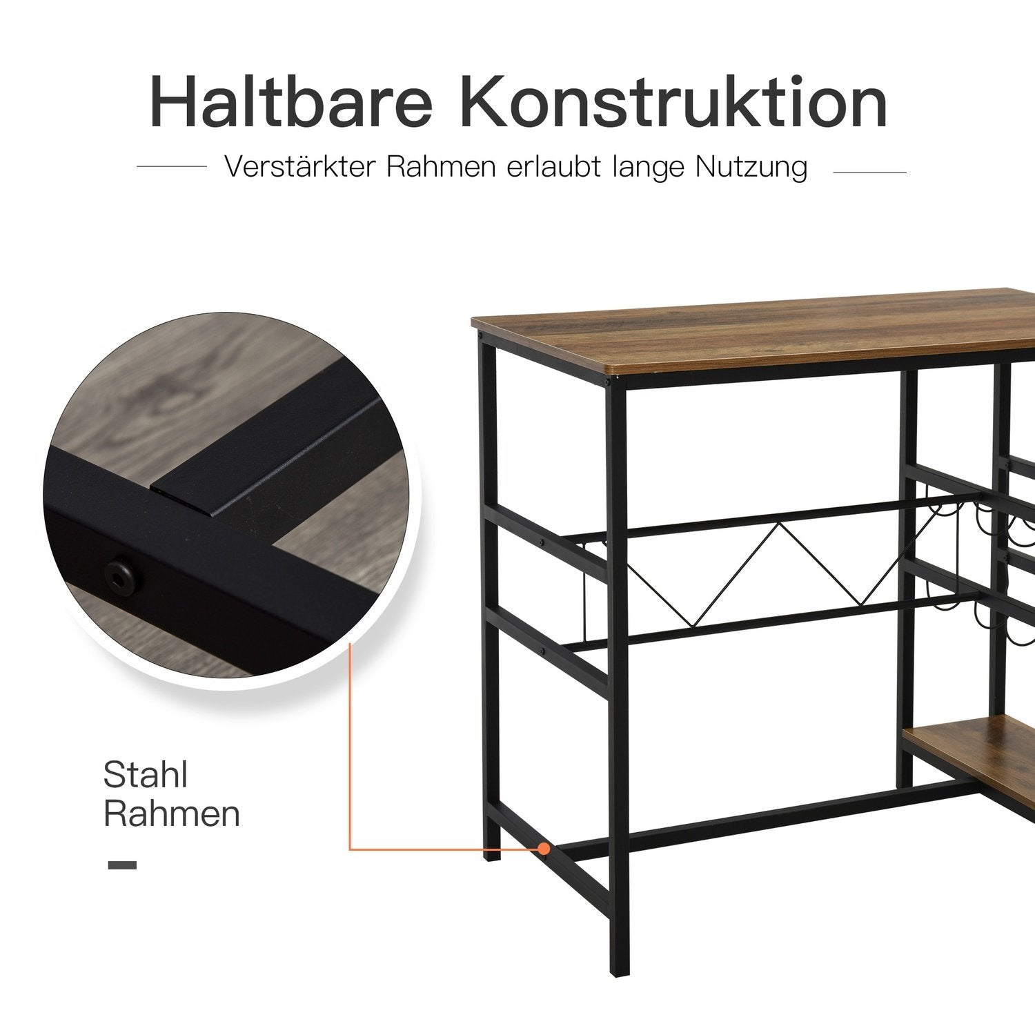 Barbordsset, Barbord Med 2 Barstolar, 3-Delat Köksbänkbordsset Med Flaskhållare, Spånskiva, Stål, Natur + Svart