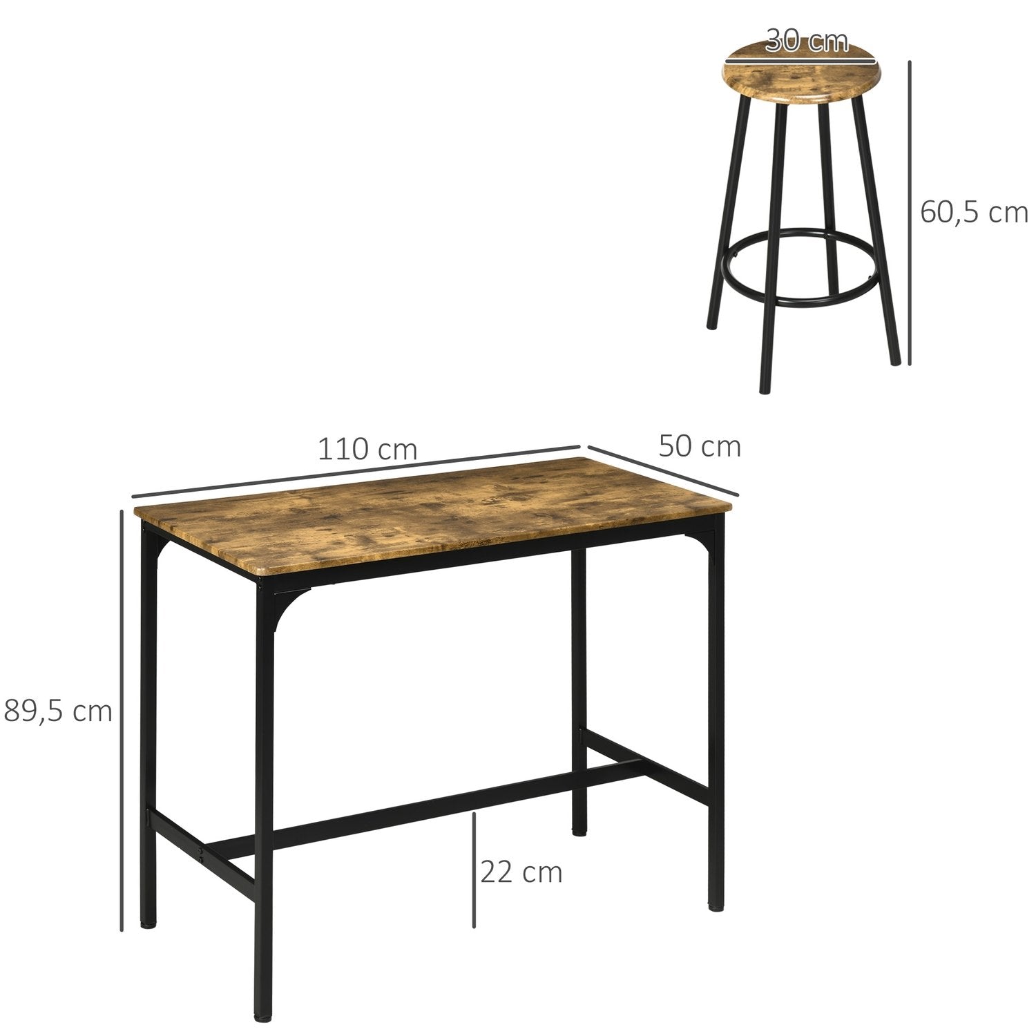 Barbord Med Barstolsset, 5 St. Barbordsset, Köksbord Med 4 Barstolar, Matgrupp I Industridesign, Metall, Rustikt Brunt