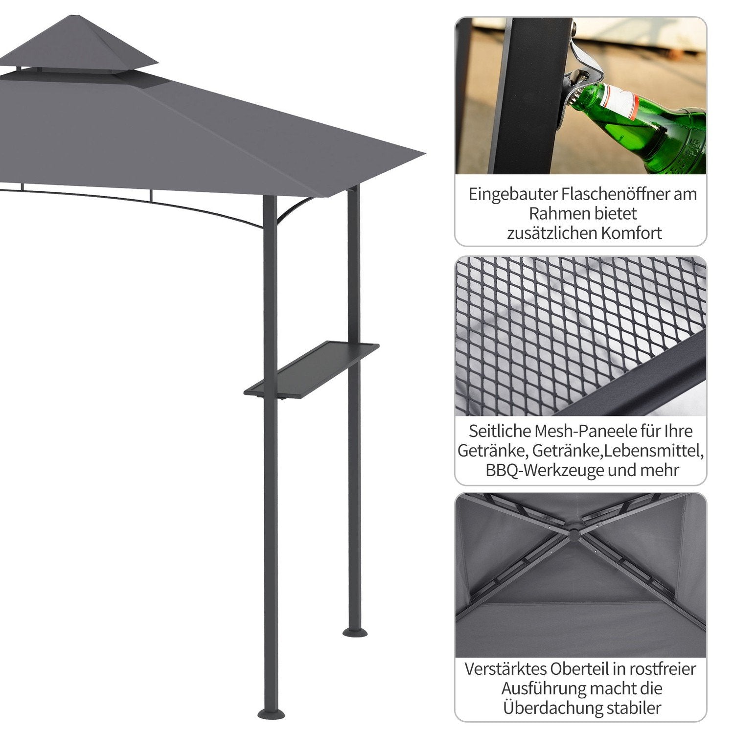 Barbecue Gazebo Robust Trädgårdstält Med Flamskyddande Dubbeltak, Perfekt För Balkong, Grå, 245X148X252Cm